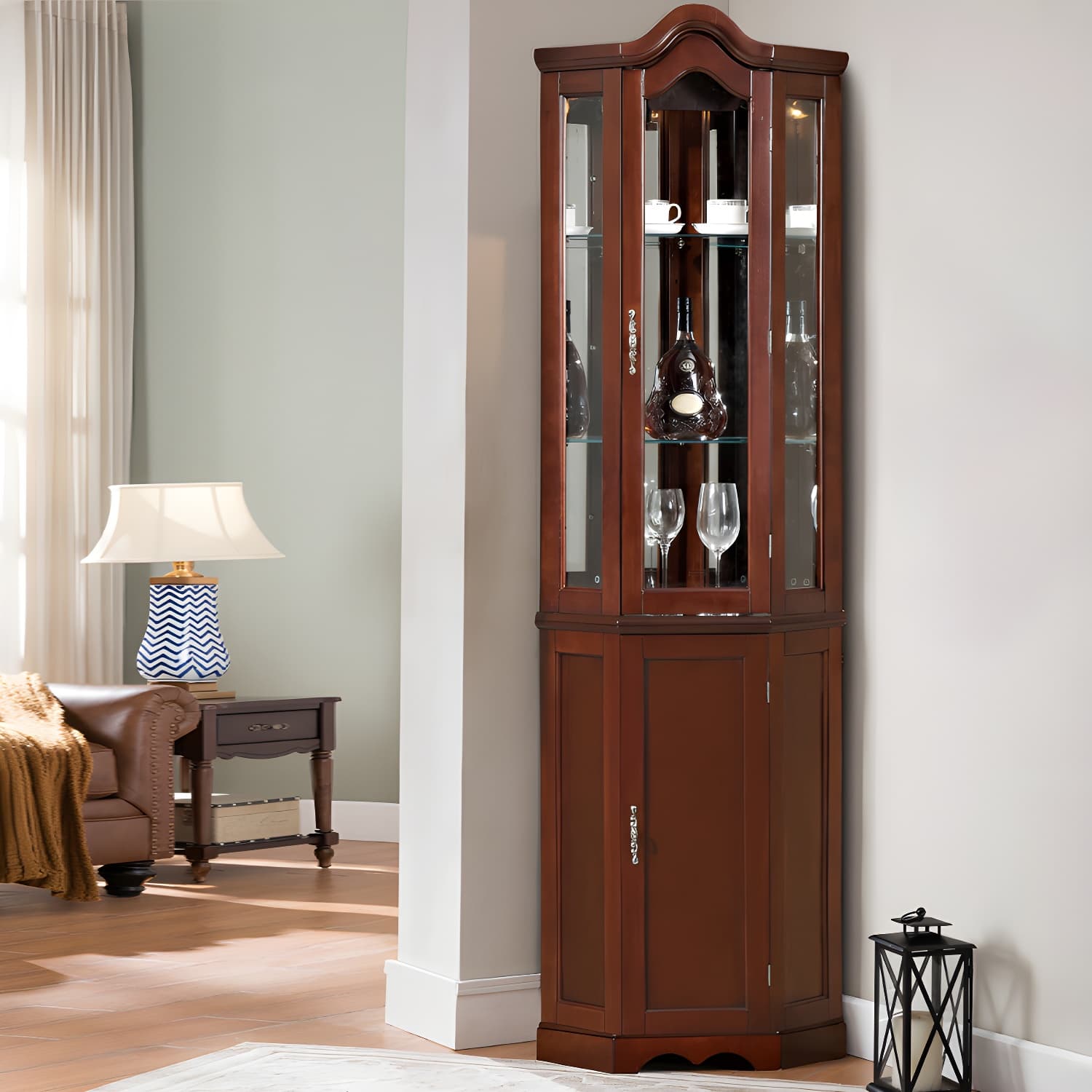 Rubberwood & Glass Triangle Corner Cabinet in Brown with Storage Shelves - image 3