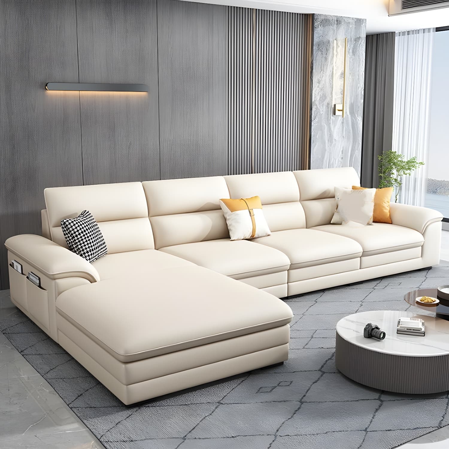Standard Genuine Leather Sectional, Pillow Top Arm, Cushion Back, Beige, Birch Wood