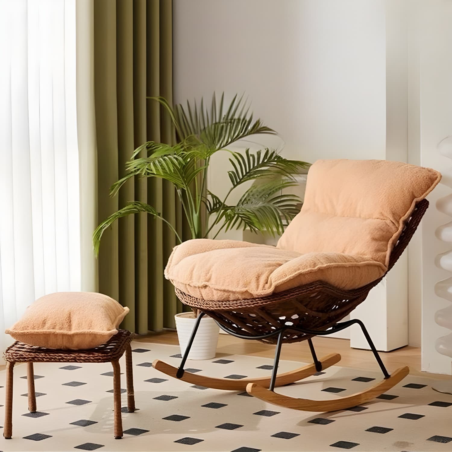 Traditional Armless Design Indoor Rocking Chair with rattan Frame and Nature Wood Legs - image 18