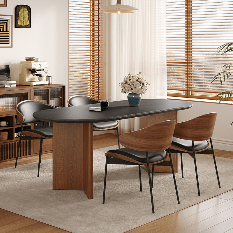 Dining Table Set with Oval Slate Stone Top and Two-sided Pedestal, Featuring Padded Chair with Back in Midnight Black - image 4