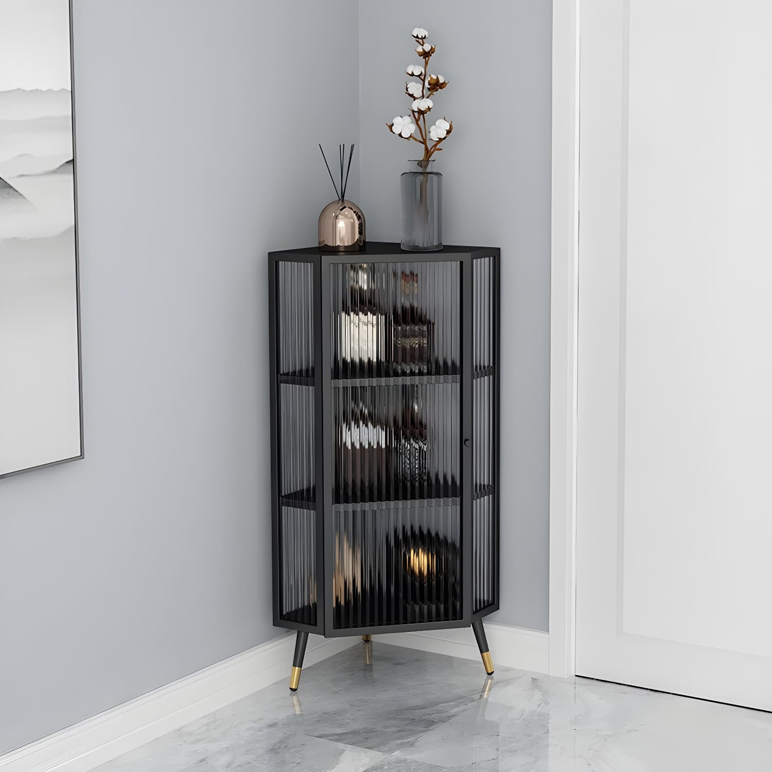 Urban Modern Iron Corner Accent Cabinet with Glass Doors and Exterior Shelving - image 5