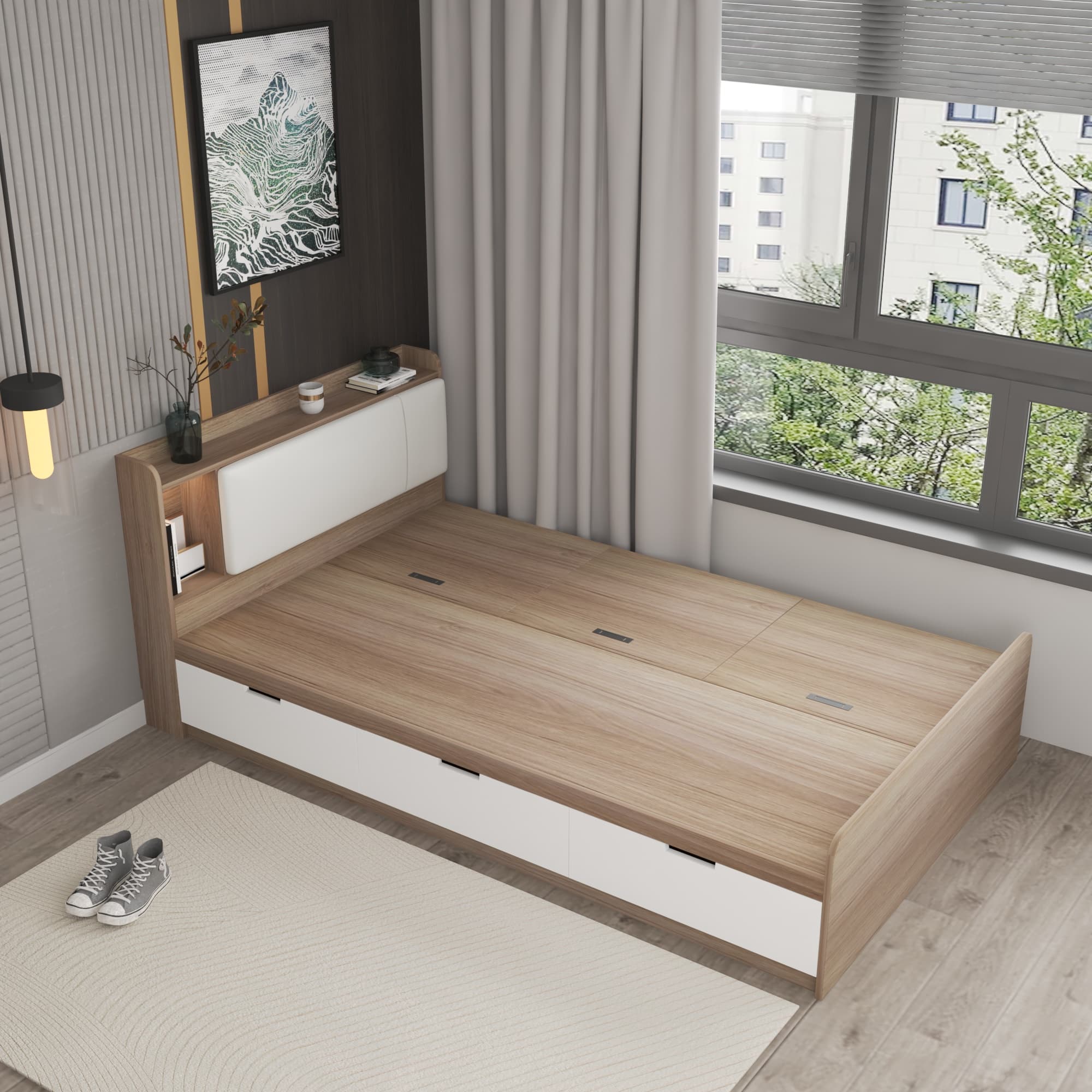 Storage Included with 3 Storage Boxes, Reclaimed Wood Frame, and Storage Drawer