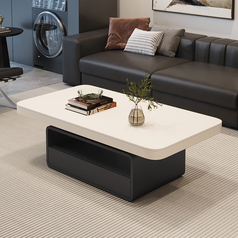 Trendy Board Game Coffee Table with Nested/Single Stone Top, Pedestal Base, Black/White Rectangular Shape, and 1 Drawer