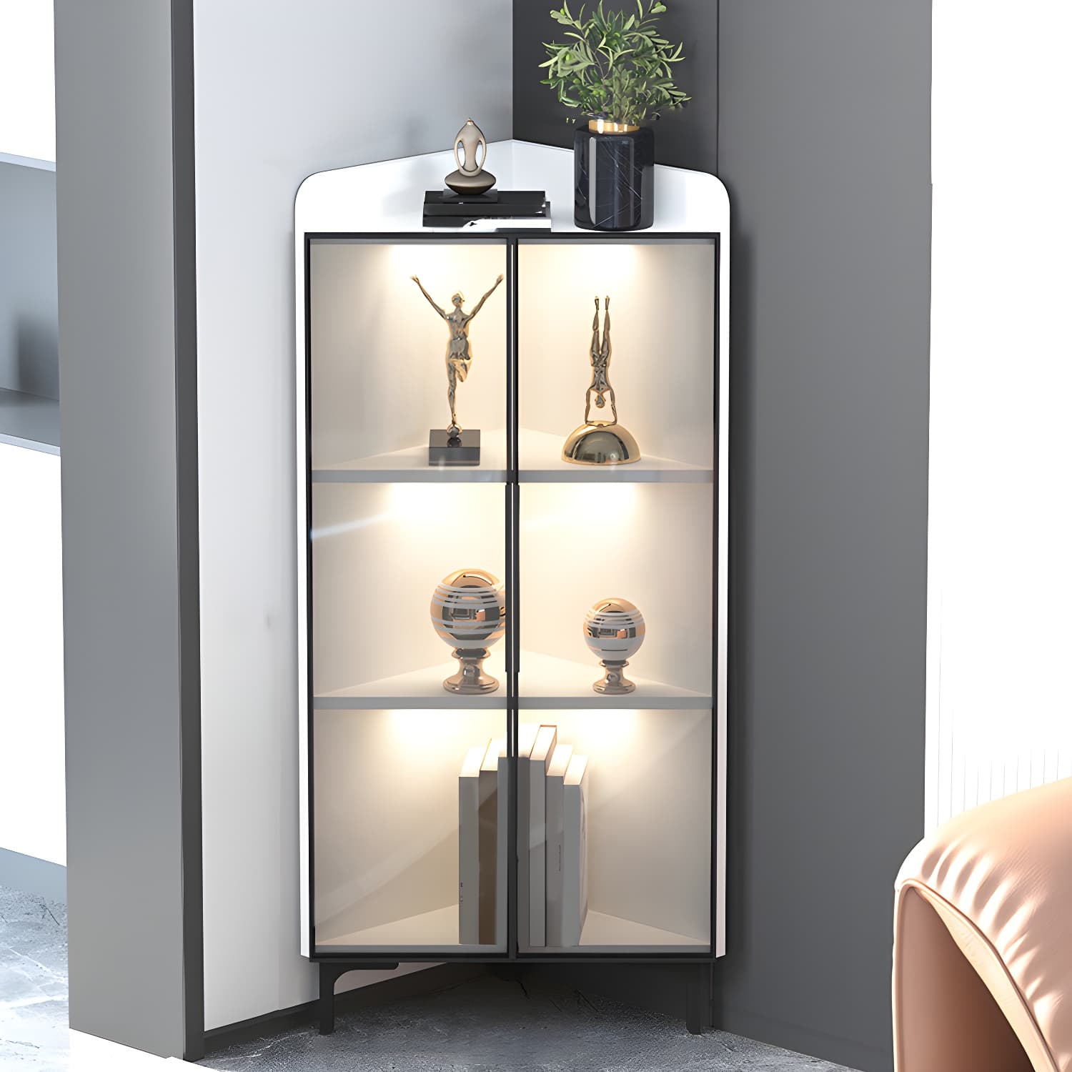 Scandinavian Corner Accent Cabinet with Glass Doors and Black Metal Base - Small Size