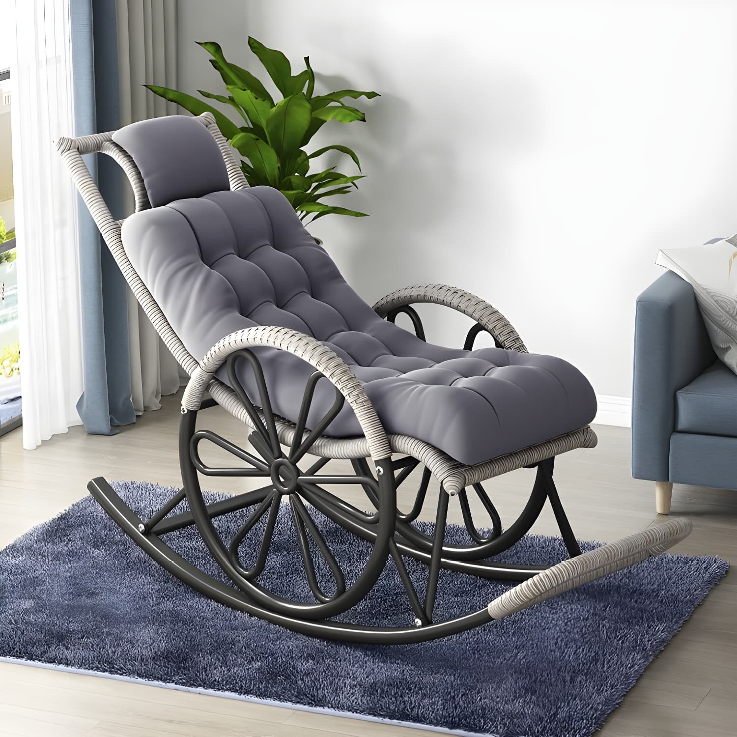 Modern Rocker Wicker Removable Cushions Tufted with Gray Frame Rocking Chair - image 5