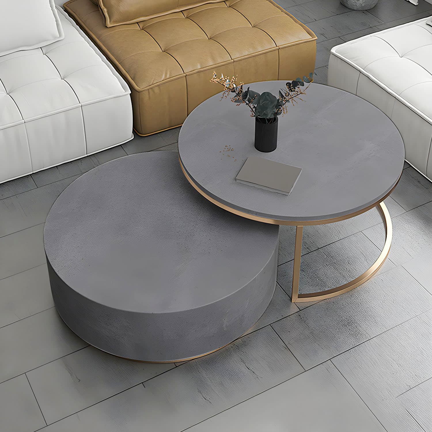 Drum Base Design Black/grey Faux Concrete Top Metal Base Round Coffee Table - image 6