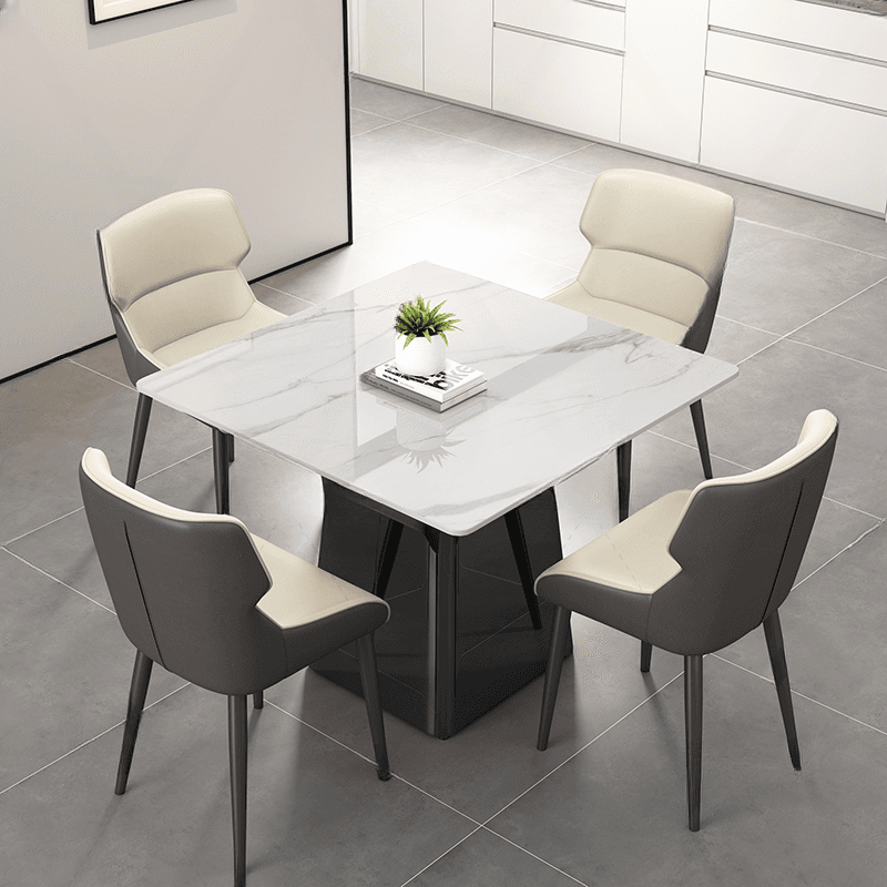 Square Dining Table Set with Stump Base, Enclosed Back, Fixed Table, Padded Chair, 5-piece