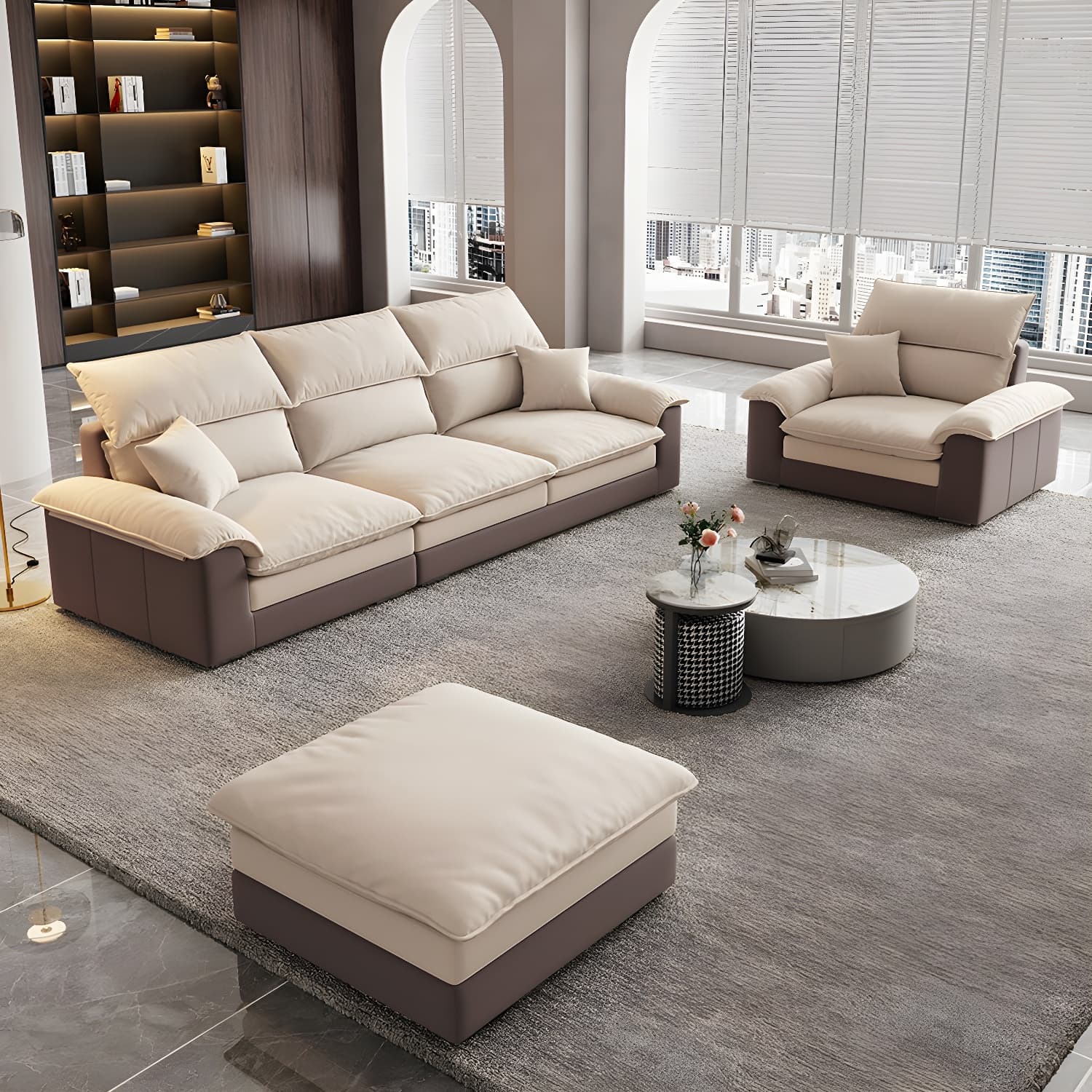 Beige ModernWood Sectional with Pillow Top Arm and Cushion Back