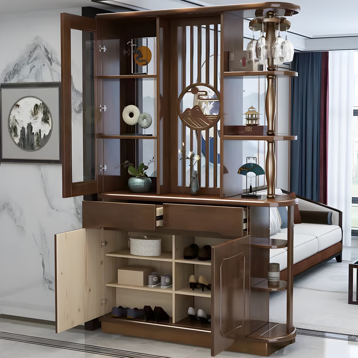 Mid-Century Modern Solid Wood Rectangle Accent Cabinet Glass Paned with Shelves - image 10