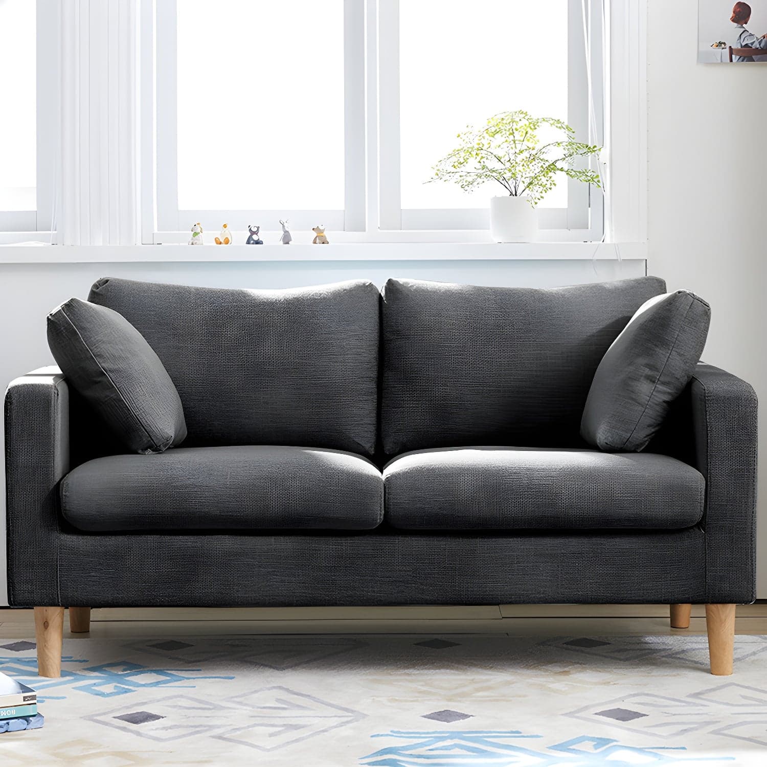 Contemporary Square Arm Couch Faux Leather Loveseat with Pillows - image 5