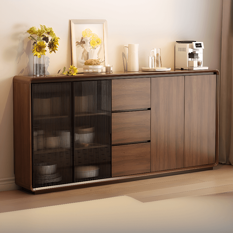 Espresso Sideboard with 3 Drawers, Locker Cabinet, Narrow Size, Compartment Storage, Glass-panel Door, and Flexible Shelf