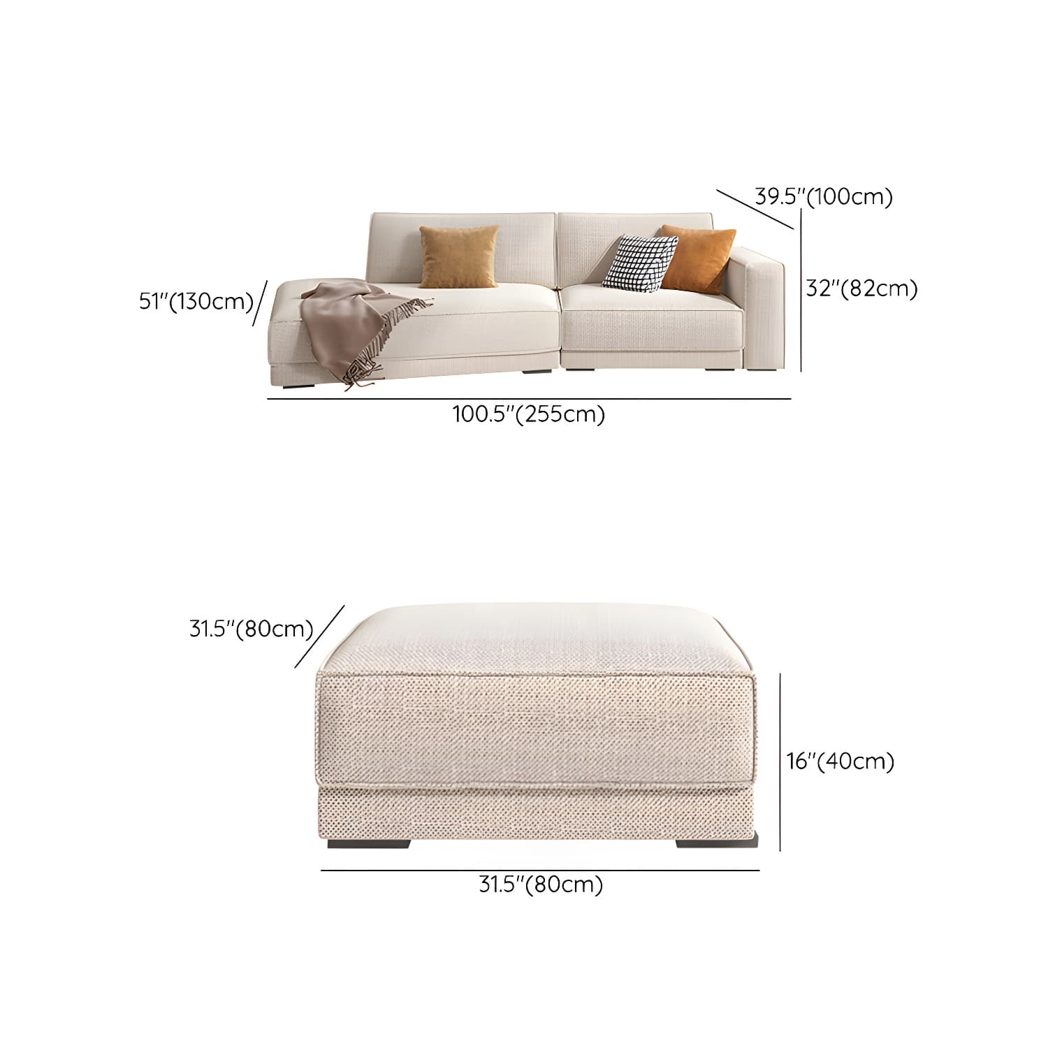 Modern Beige Linen L-Shape Sofa Chaise with Square Arm in Wood Frame - image 23