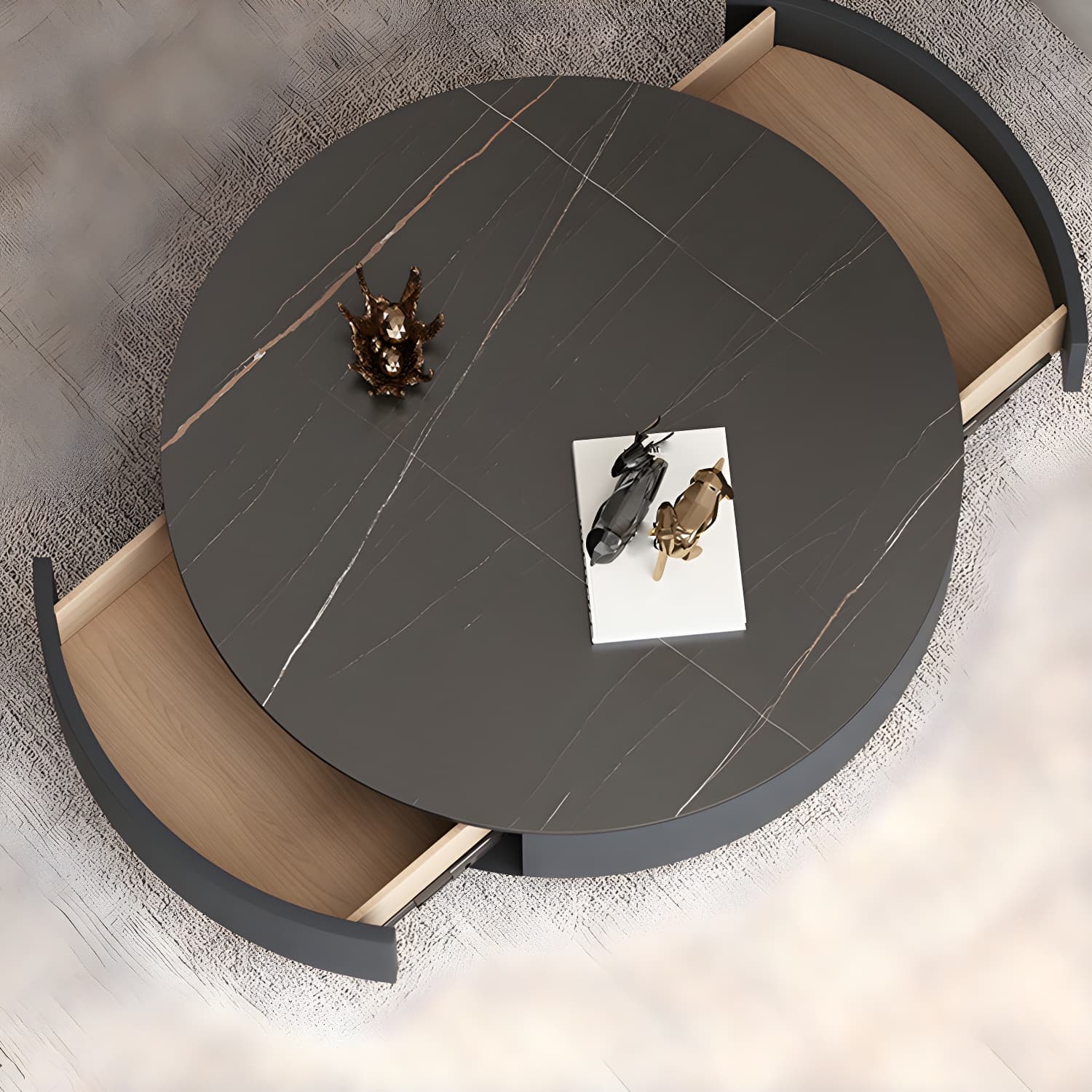 Elegant Gold Metal Drum Coffee Table with Stone Top and Storage Drawers - image 8