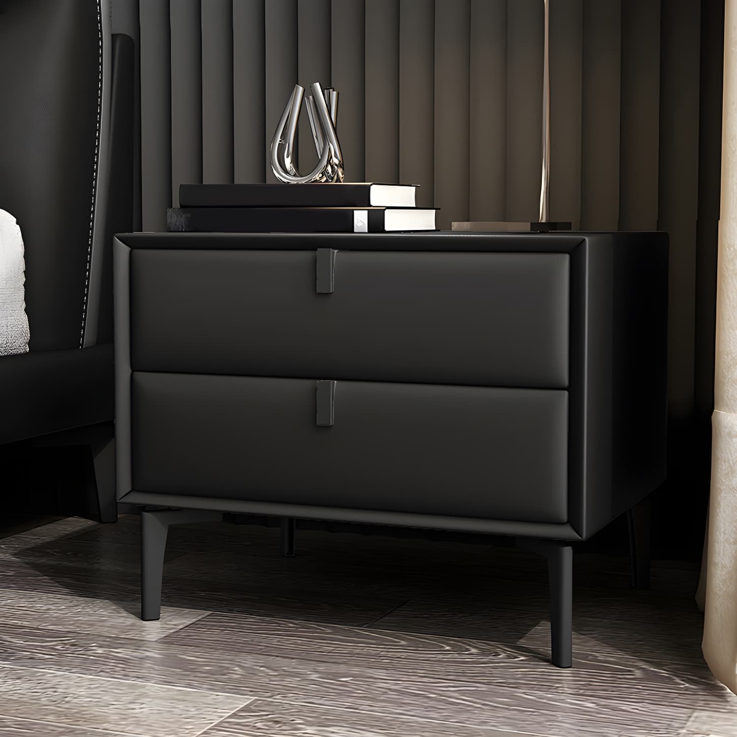 Pine Frame Two Drawers Leather Multicolor Choice of Black Table Foot Nightstand