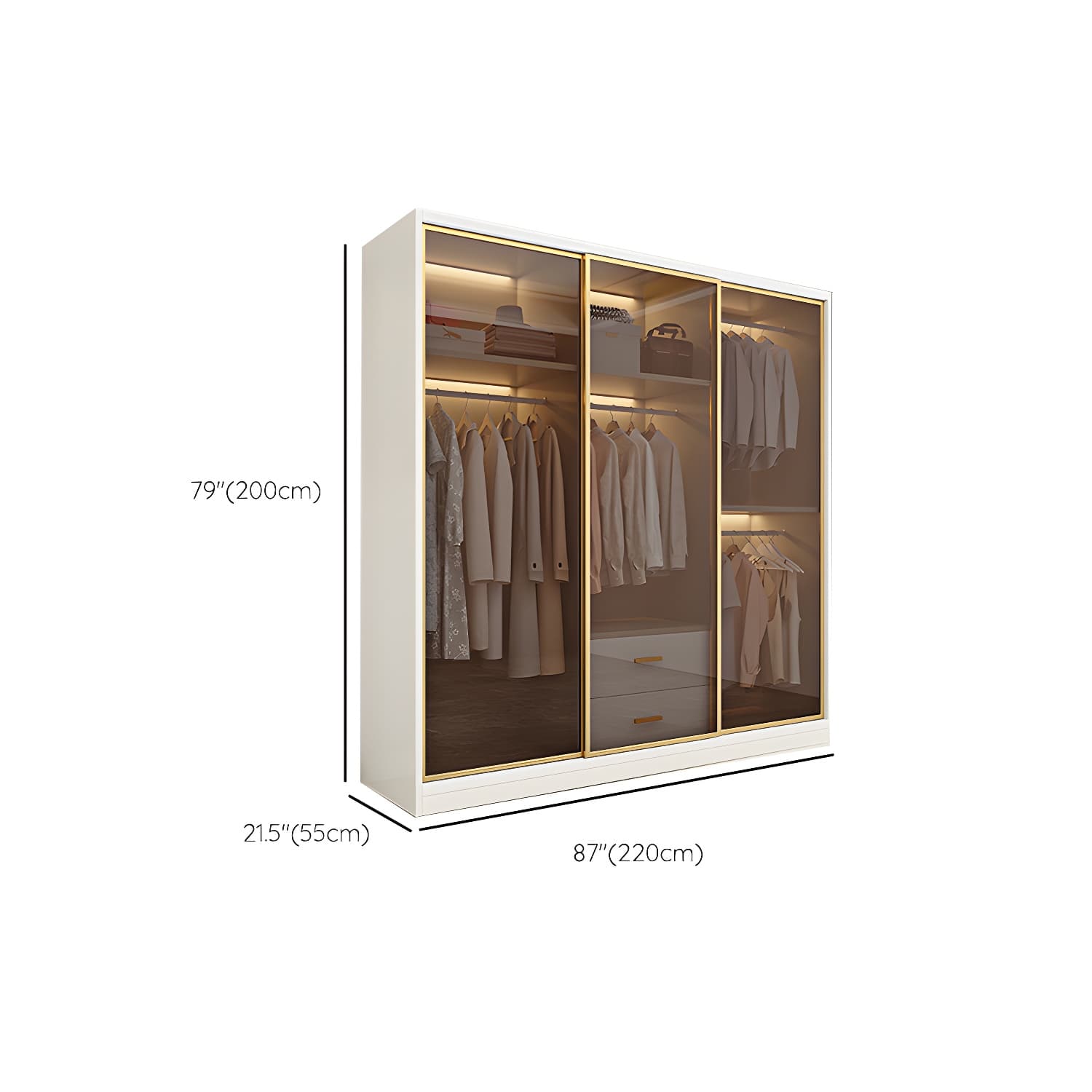 Modern White Wood Frame Wardrobe Freestanding Wardrobe with Sliding Glass Doors - image 15