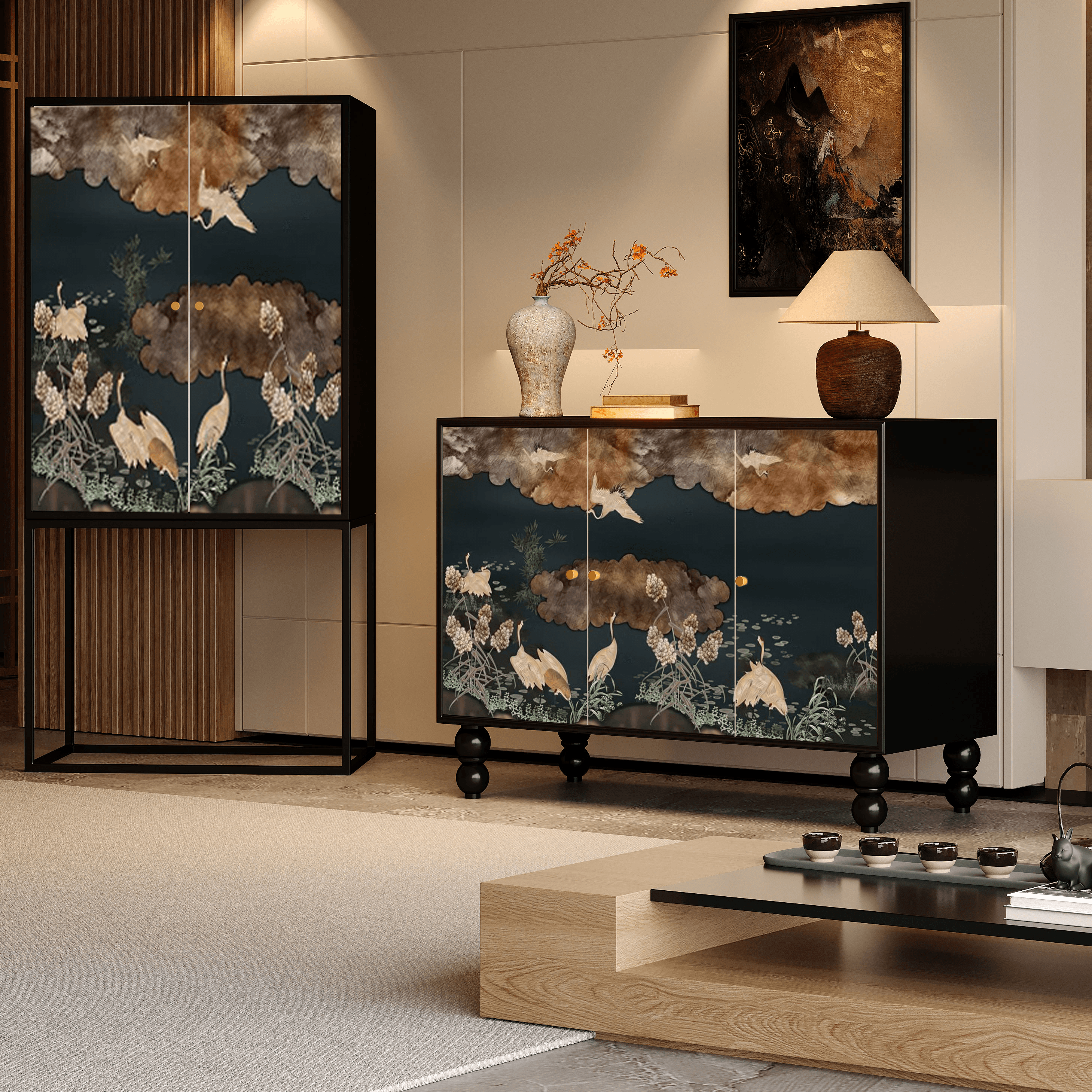 Asian Unattached Scratch-repellent Midnight Black Lumber Utility Storage Cabinet with Pull Knobs & Closet - image 8