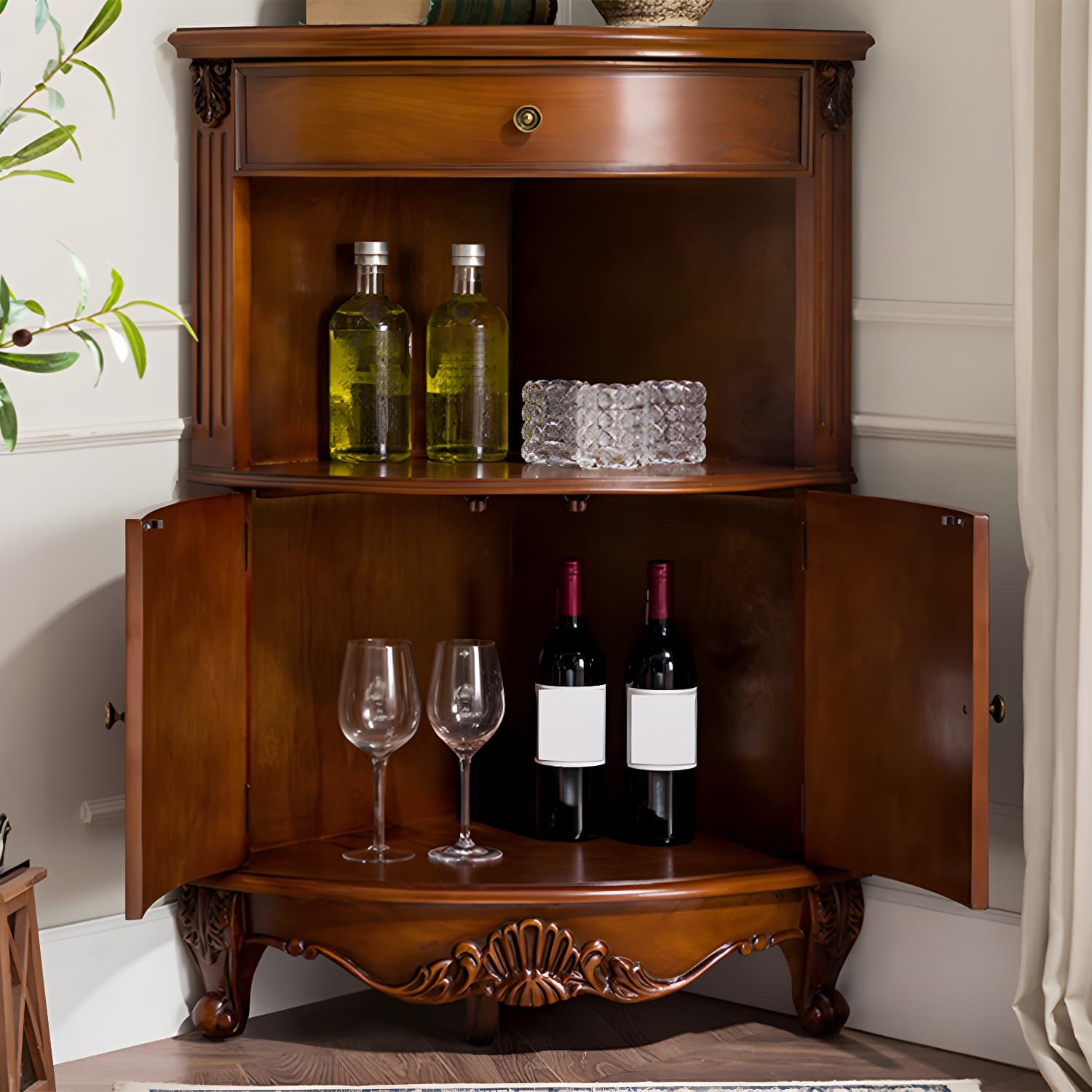 Mid-century Modern Brown Corner Cabinet, Wooden Accent Cabinet with Shelves - image 4