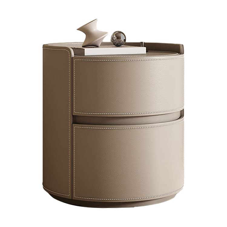 Chic Modern Round Nightstand with Light Wood Tone Faux Leather and Numerate Two Drawer Storage - image 16