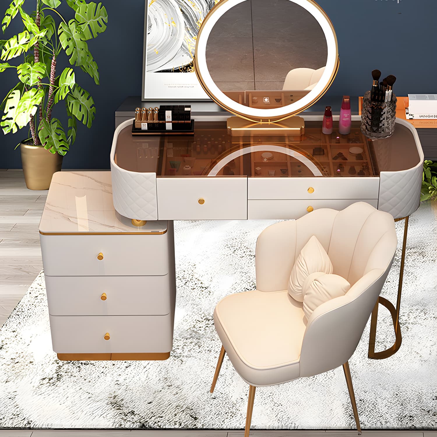 Lighted Mirror & Jewelry Makeup Vanity Metal Dressing Table Stool Set - image 15