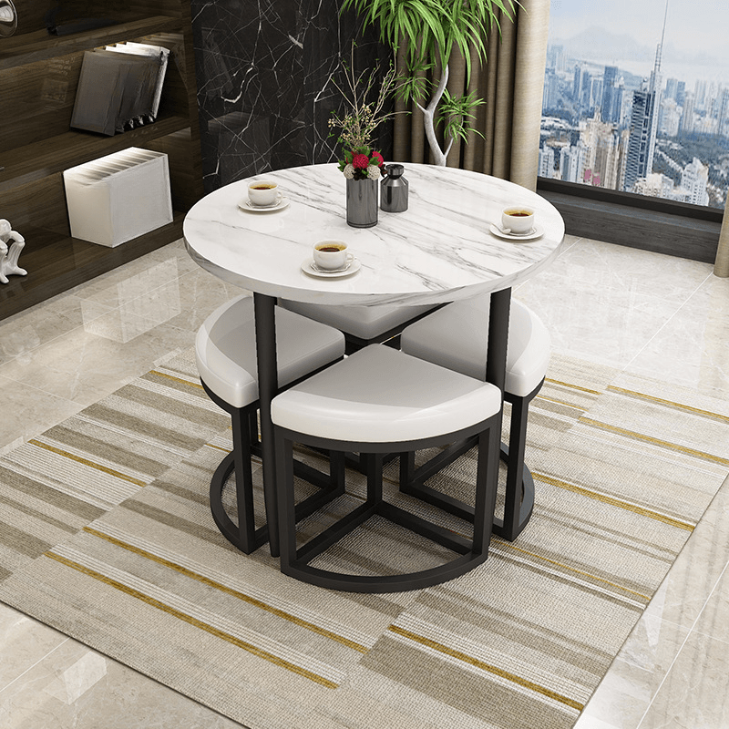 Reclaimed Wood Round Dining Table Set with Metal Toboggan Base and Upholstered Backless Chairs for 4 People - image 32