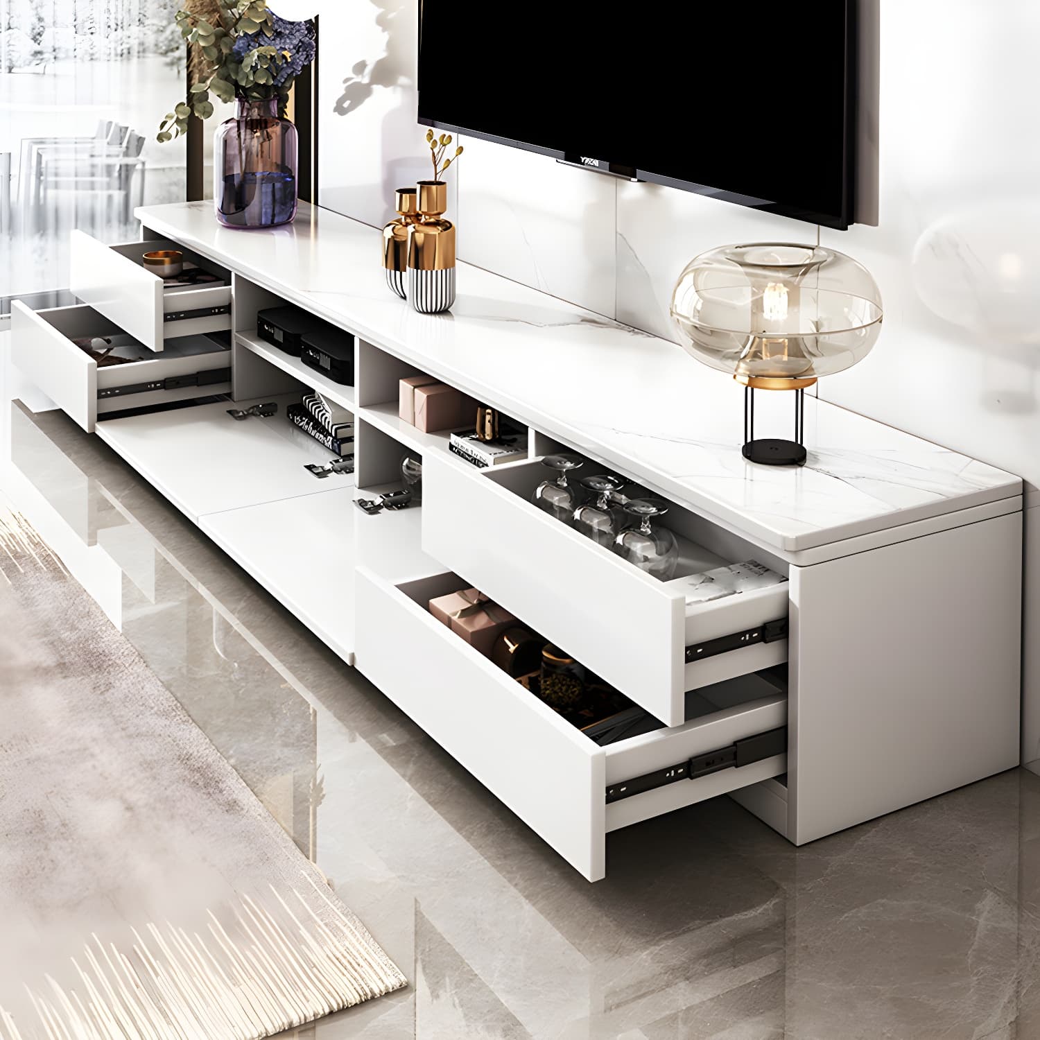 Stone Contemporary with Drawers Wood with Cabinet Media Console - image 7