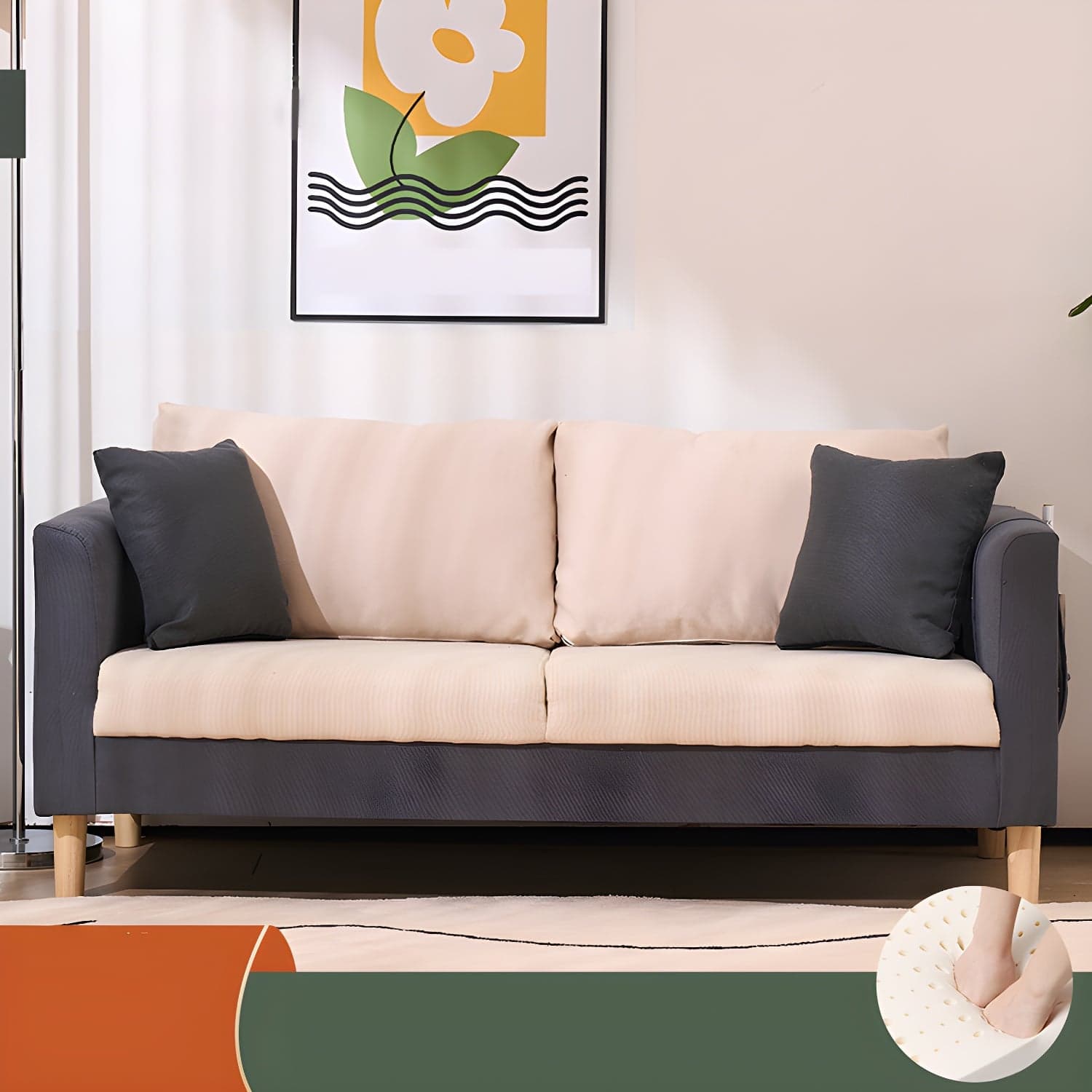 21.25" High Sofa with 2 Pillows Velvet Tuxedo Arm Sofa with Storage