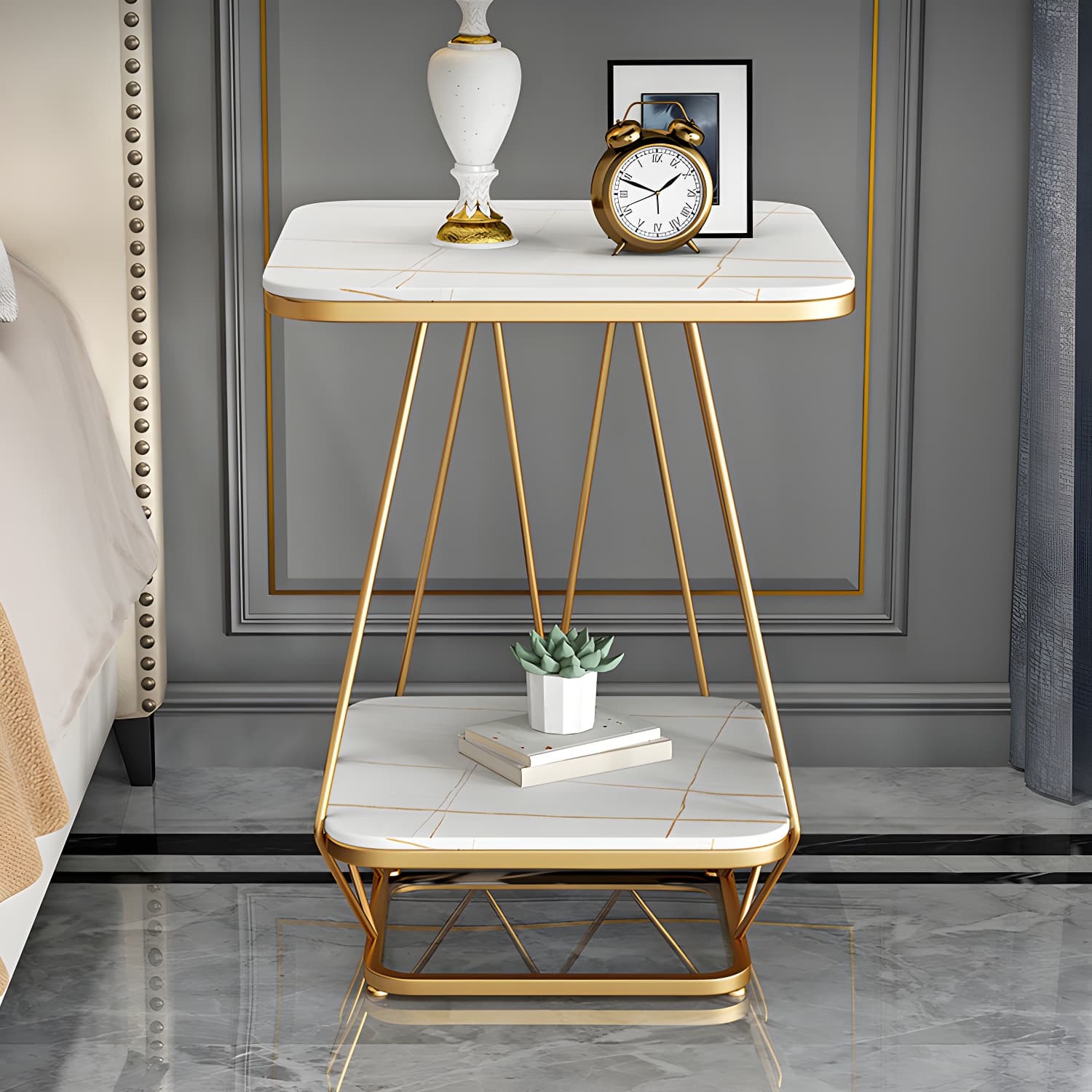Glam Metal Night Table Stone Top 24'' Tall Open Storage Nightstand with Legs - image 8