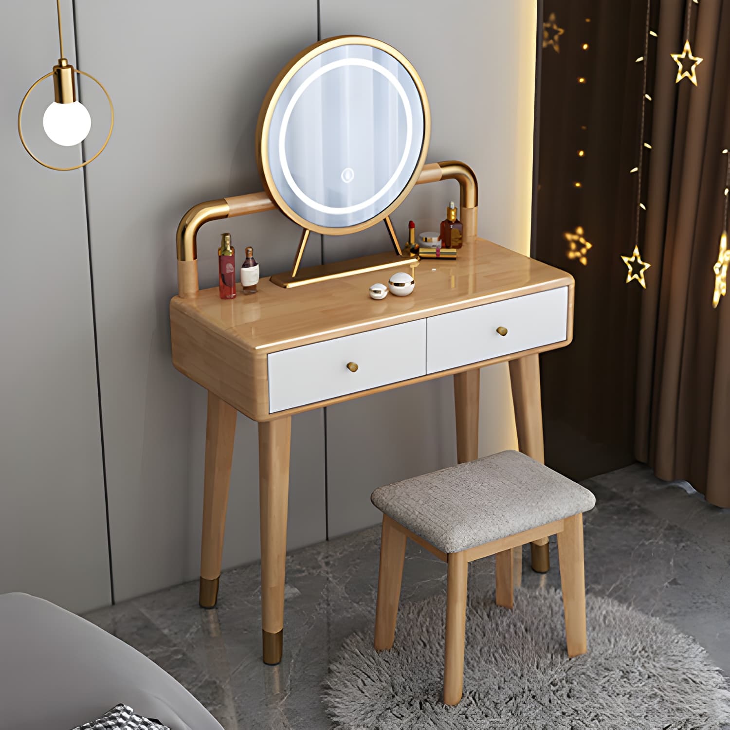 Solid Wood Make-up Vanity With Drawers and Stool for Bedroom