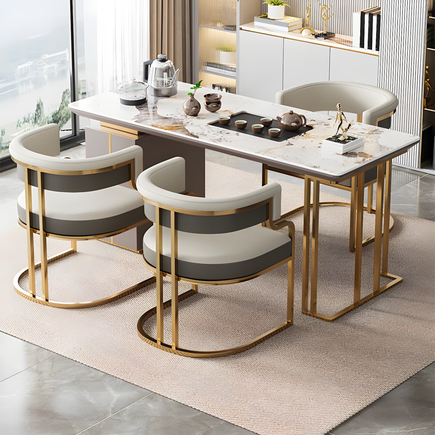 Upholstered Low-Back Arm Chair with Faux Leather and Brass/Gold Legs in Glam Style - image 14