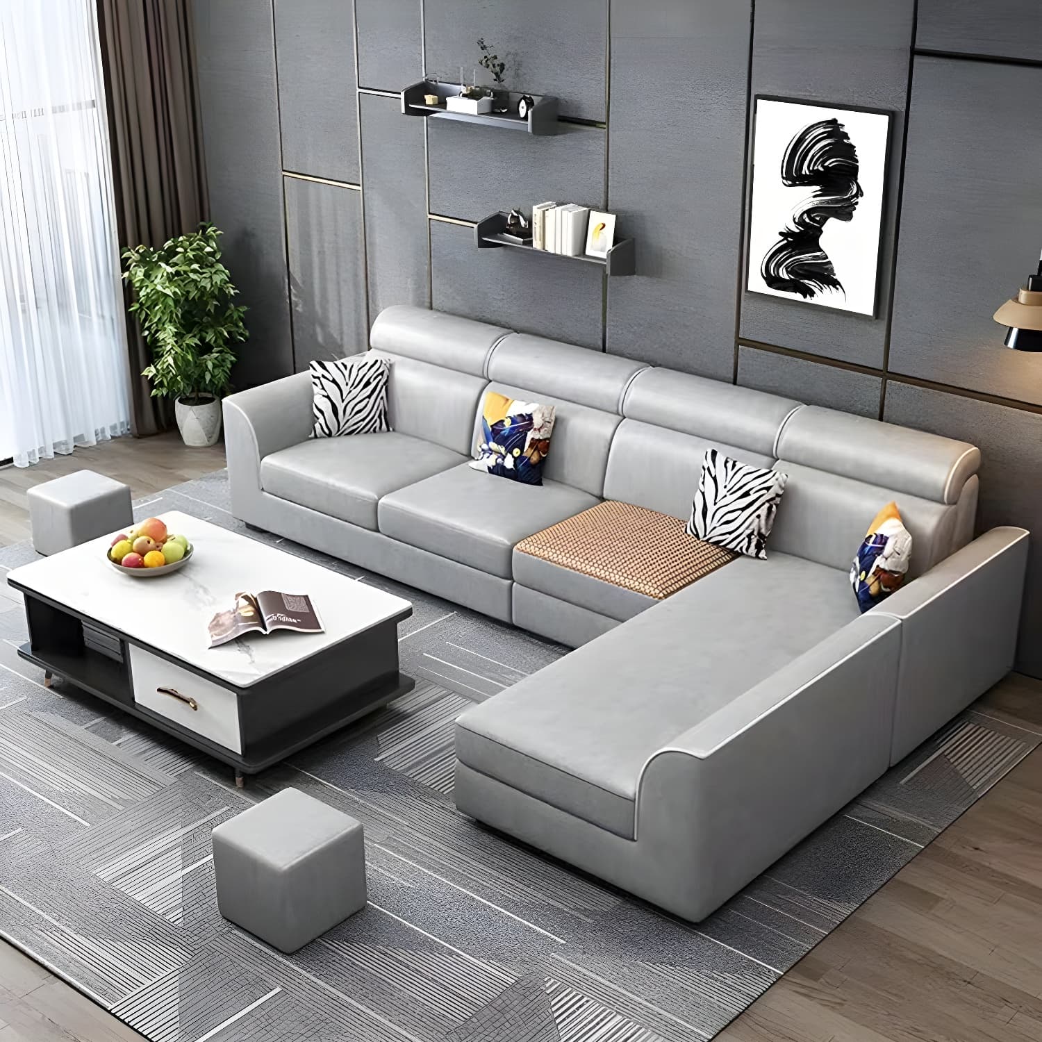 Scandinavian Reversible L-Shape Modular Wood Frame Corner Sectional with Chaise - image 15
