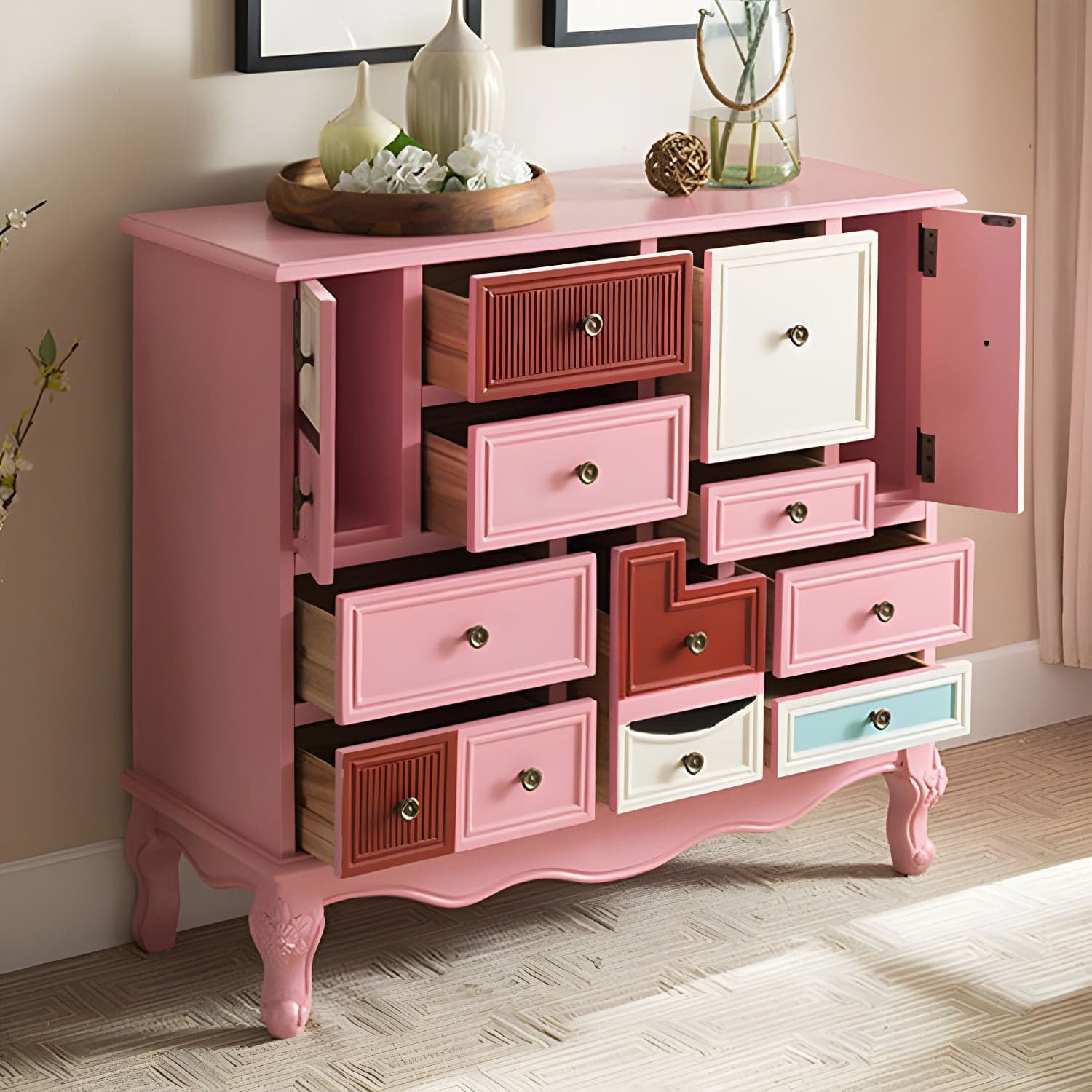 Industrial Painted Accent Cabinet with Drawers Solid Wood Chest - image 11