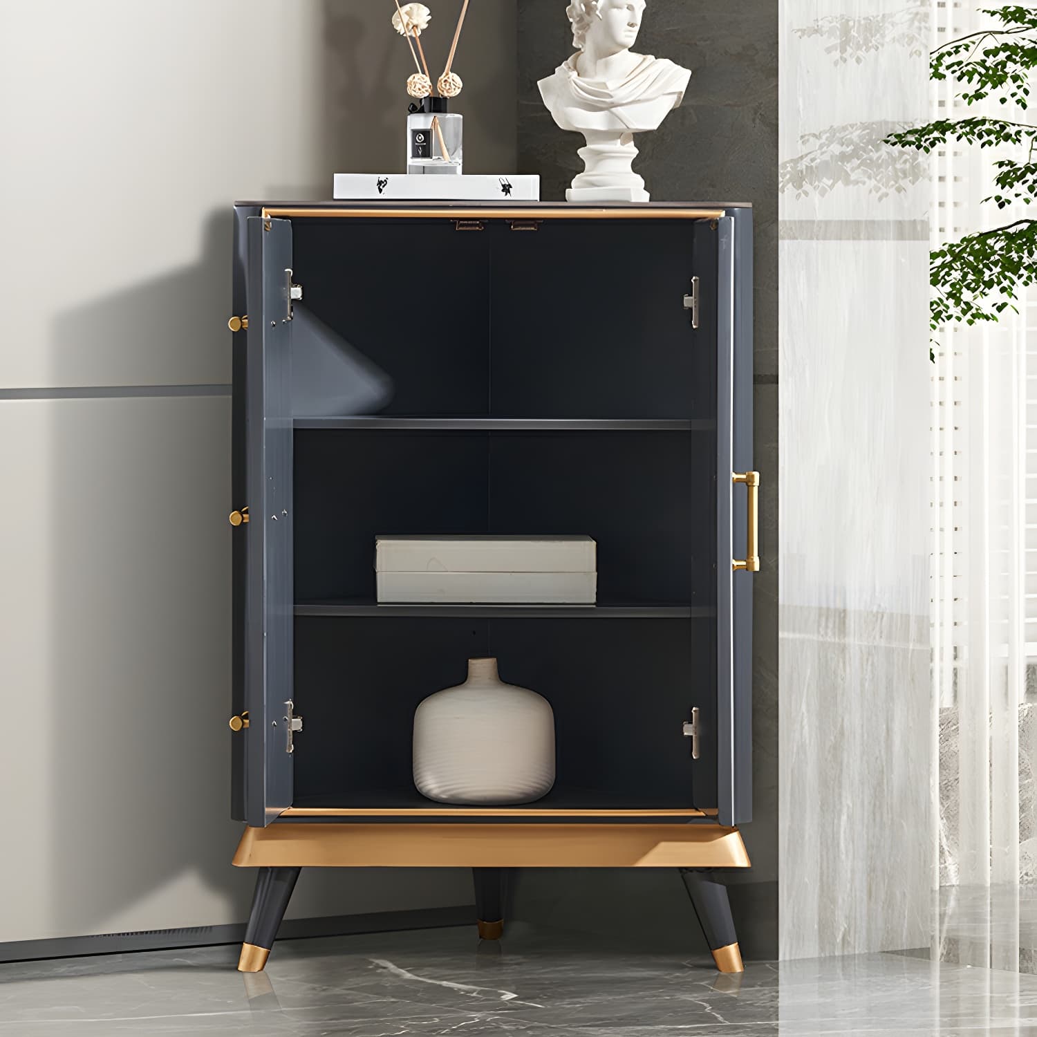 Glam Corner Accent Cabinet with Black Stone Countertop and Wood Base for Small Spaces - image 5