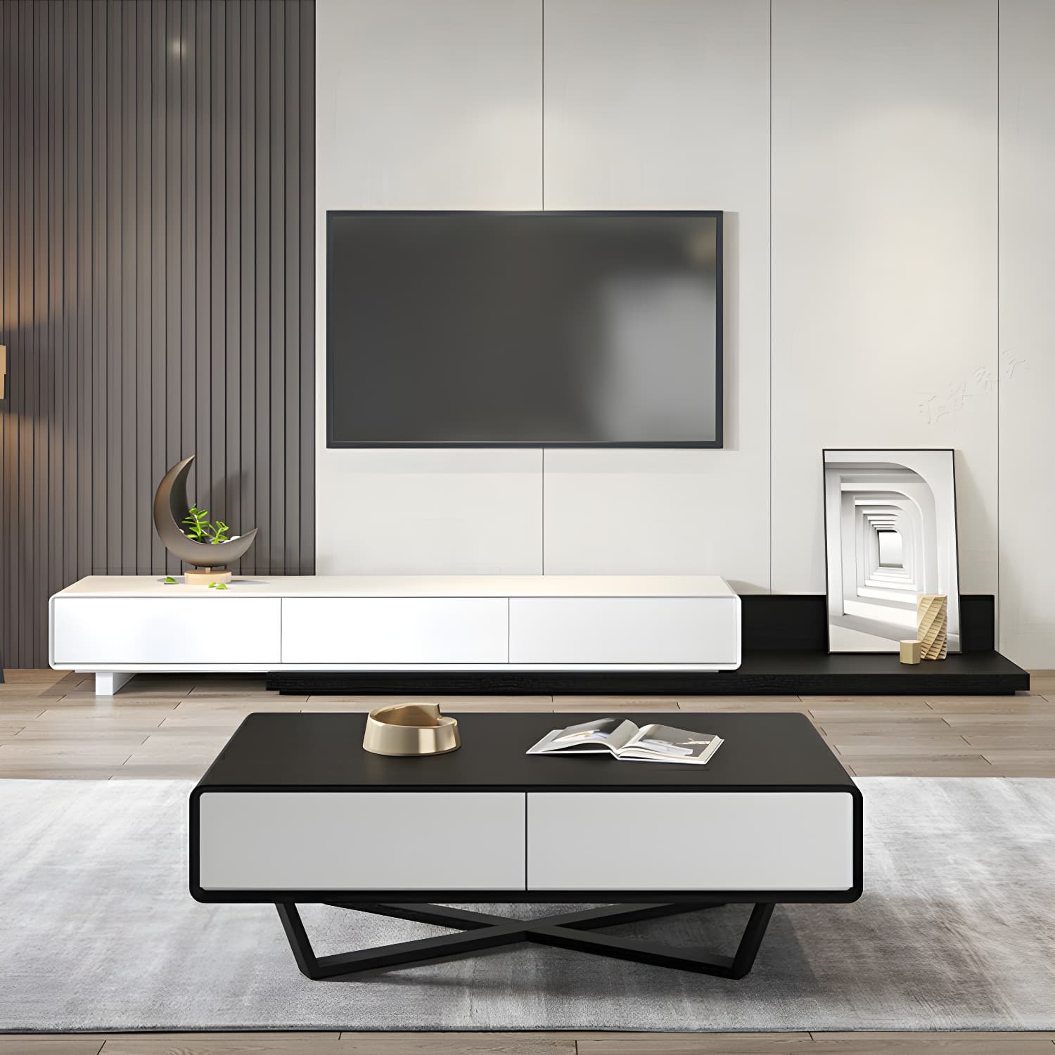 Rectangular Wood Modern Coffee Table with Black Metal Cross Legs and Storage Drawers - image 11