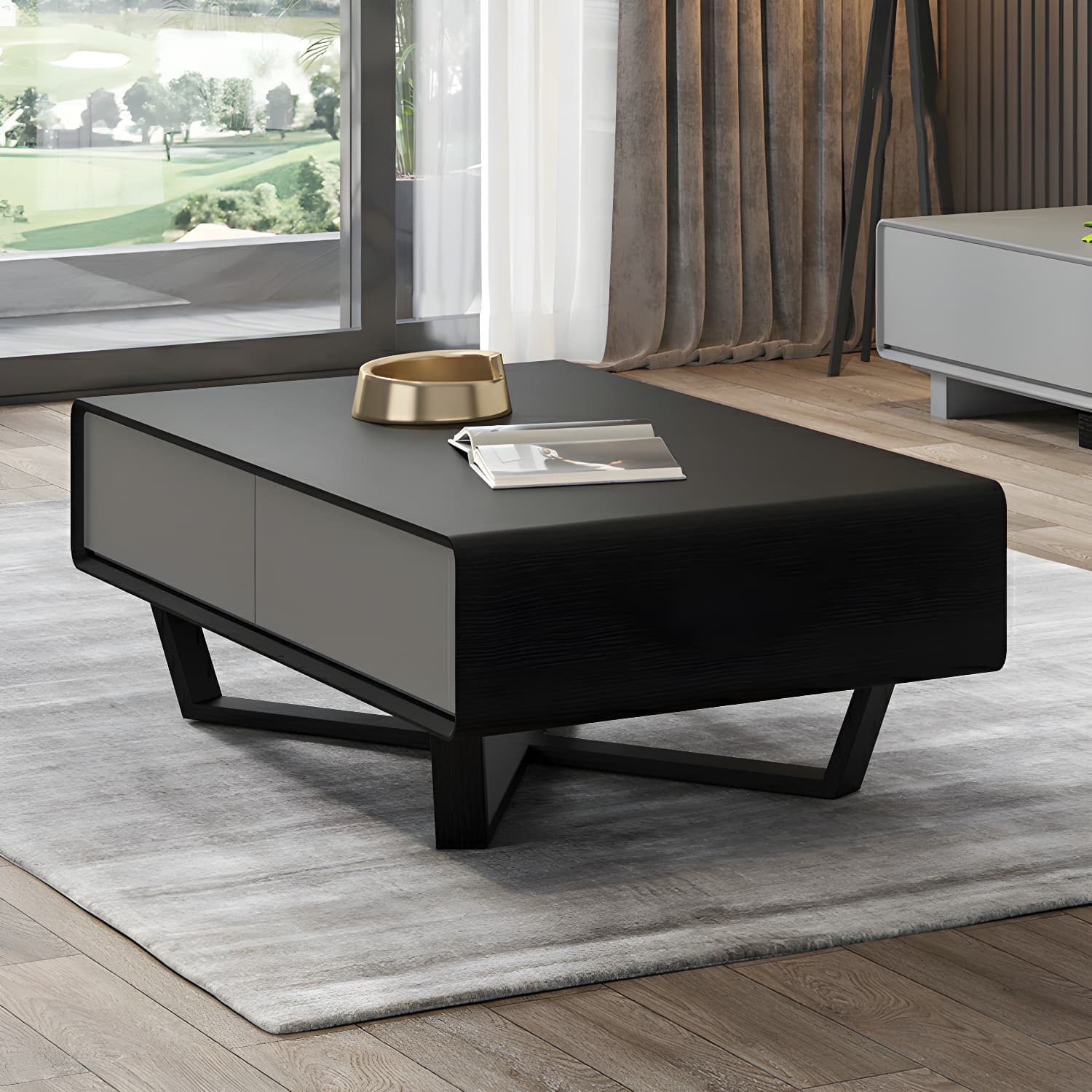 Rectangular Wood Modern Coffee Table with Black Metal Cross Legs and Storage Drawers