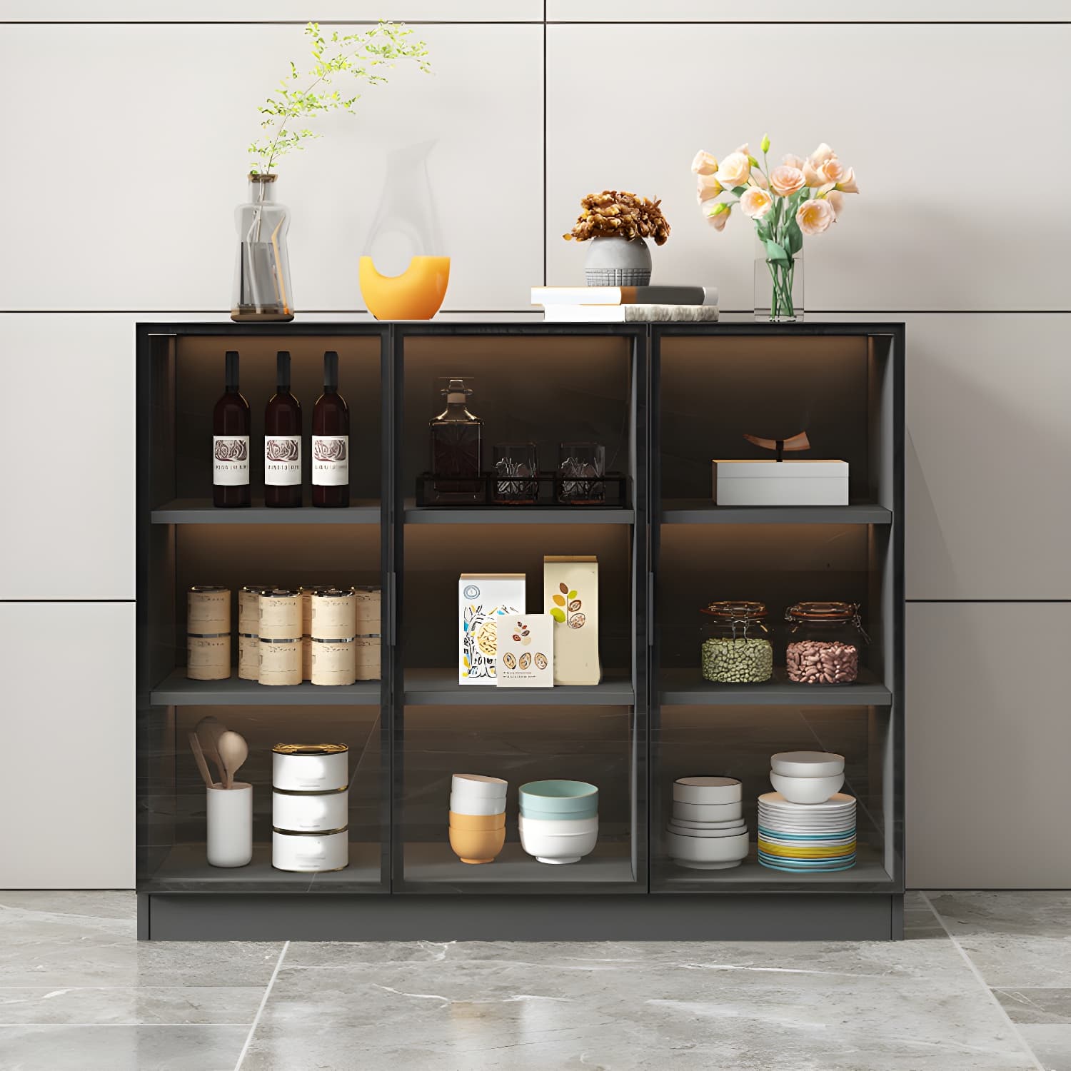 Black Modern Wood Sideboard Credenza with Glass Doors and Interior Shelves - image 7