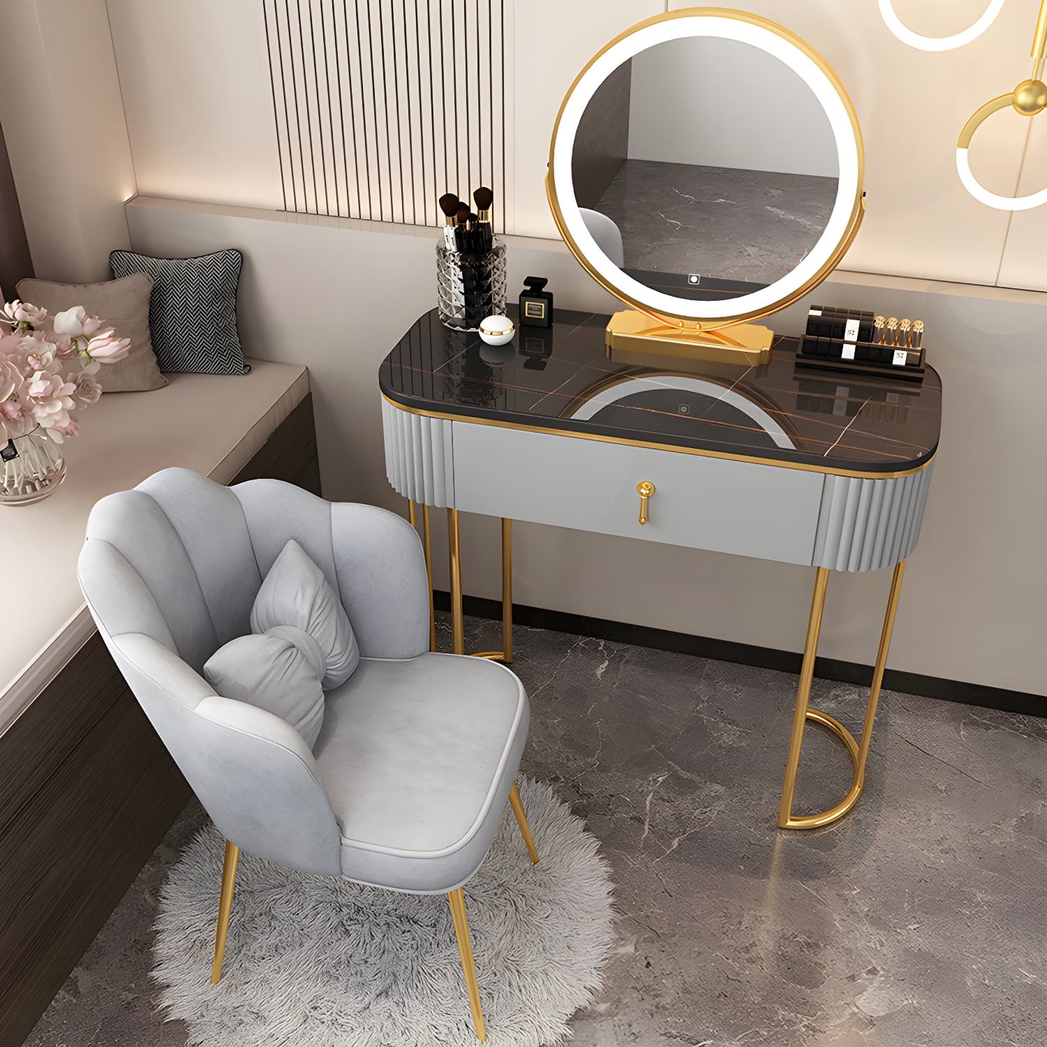 Lighted Mirror Makeup Vanity Storage Box Vanity Dressing Table for Bedroom