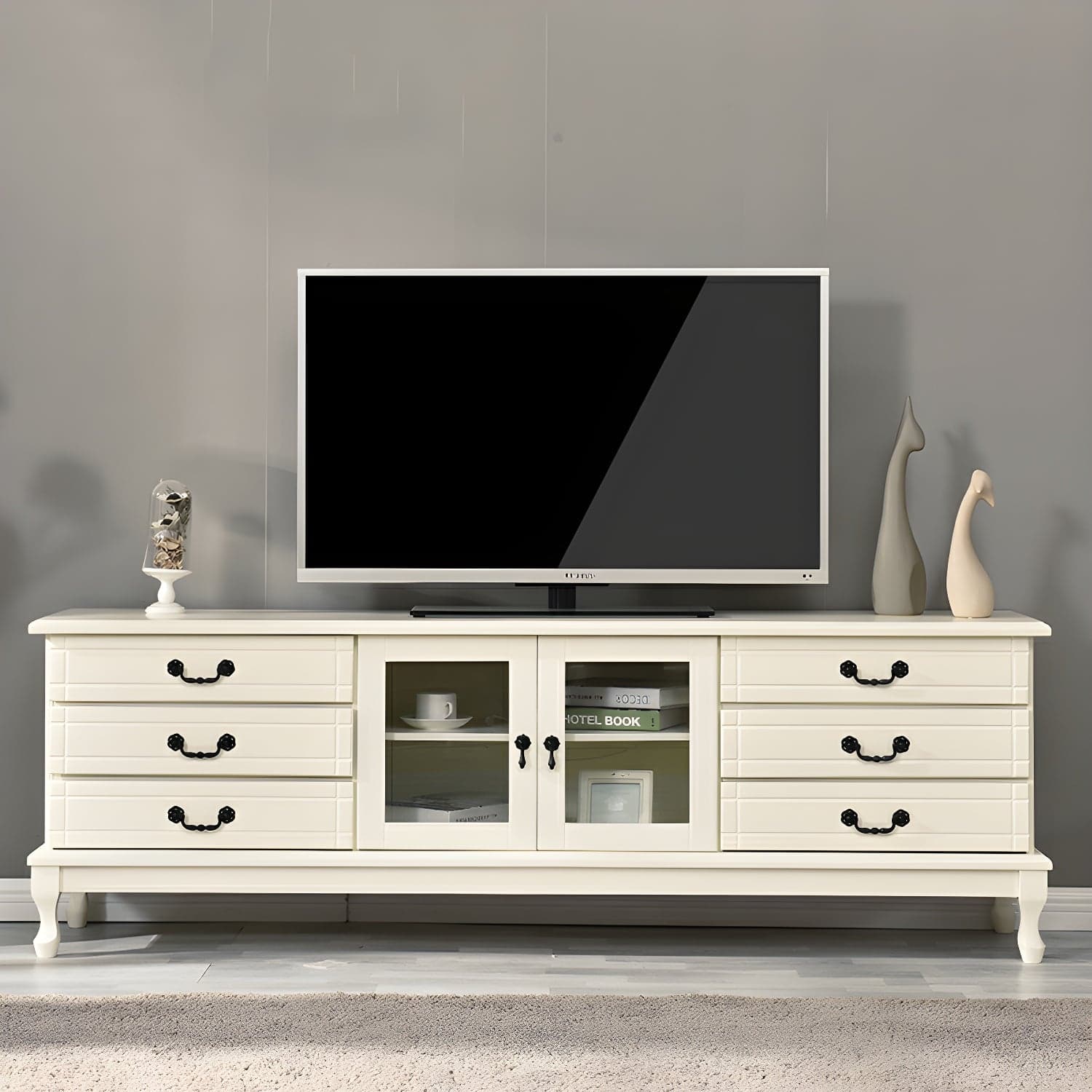 Modern 6-Drawer Solid Wood TV Stand with Glass Doors - 23.5" High - image 3