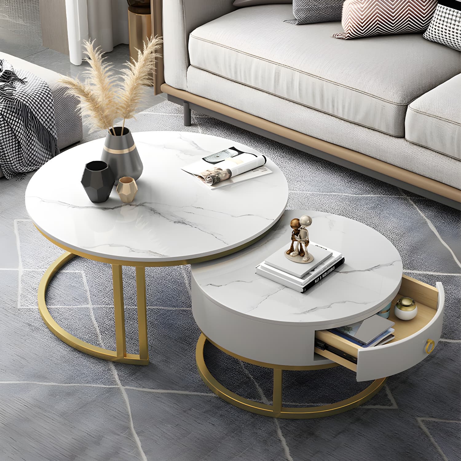 Contemporary Nesting Coffee Table Set Stone Frame Coffee Table Set - image 5
