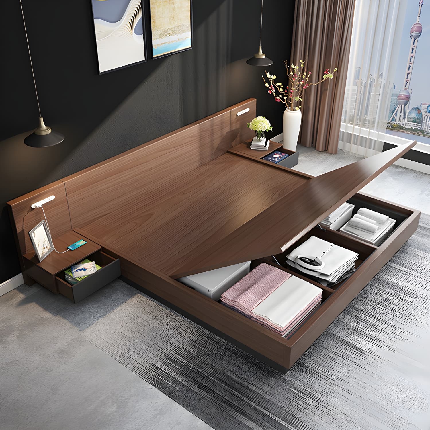 Lift Up Storage Platform Bed Contemporary Platform Bed Frame with Headboard - image 7