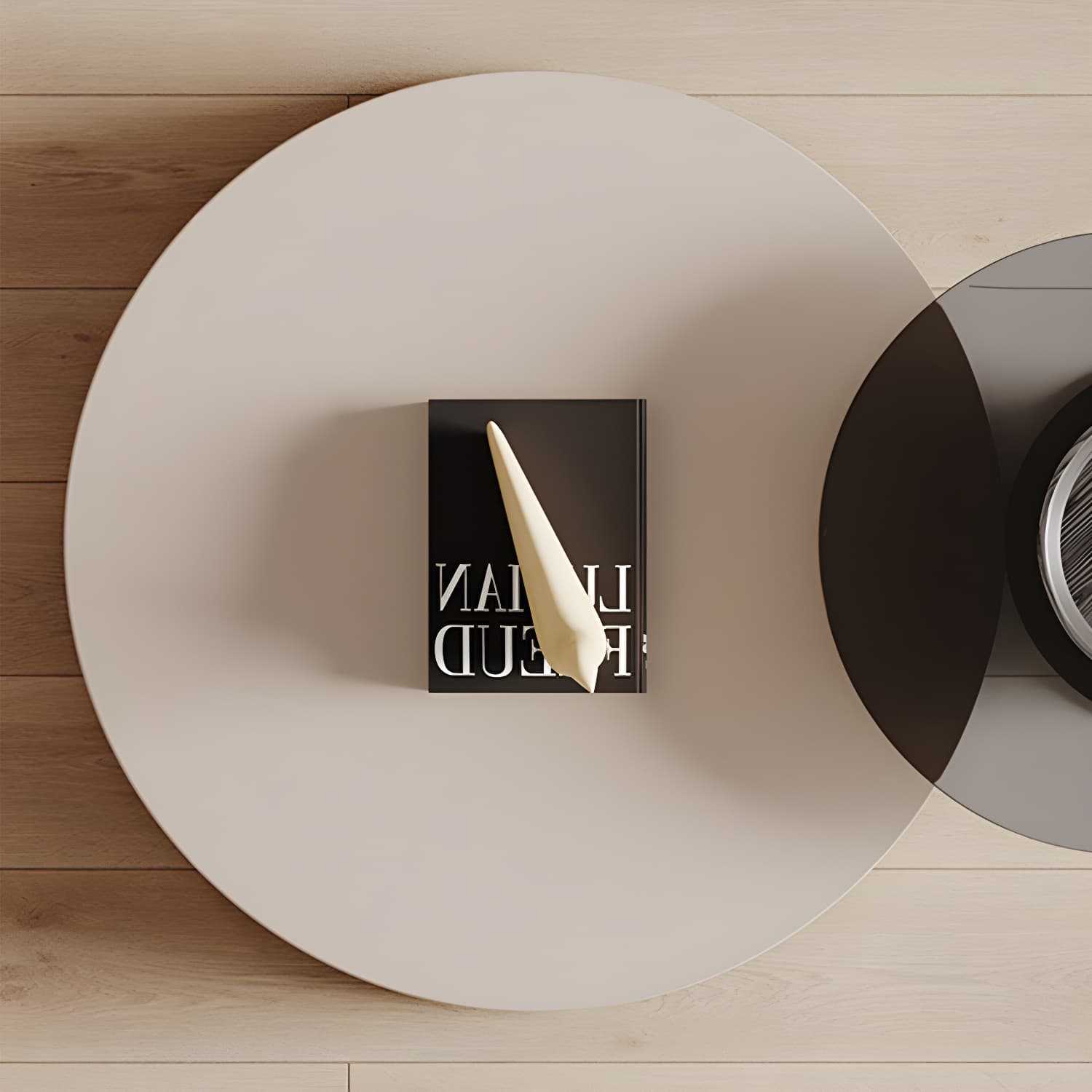 Modern Round Coffee Table with Metal Drum Base and 2 Drawers - image 11