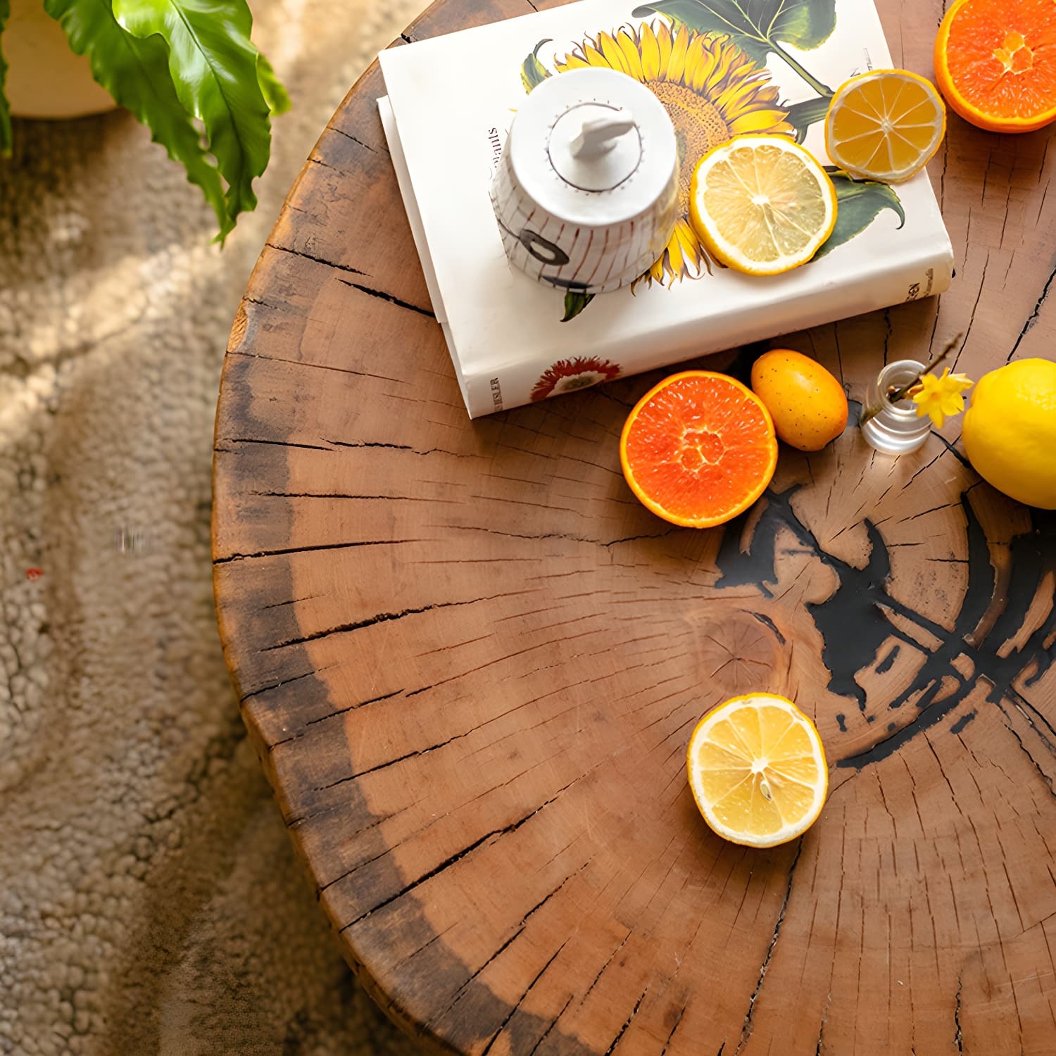 Round Wood Mid-Century Modern Coffee Table with Drum Base and Distressed Finish - image 11