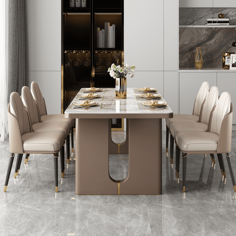 Rectangular Slate Dining Table Set with Two-sided Pedestal, Padded Chair, Back, and Multicolor Top