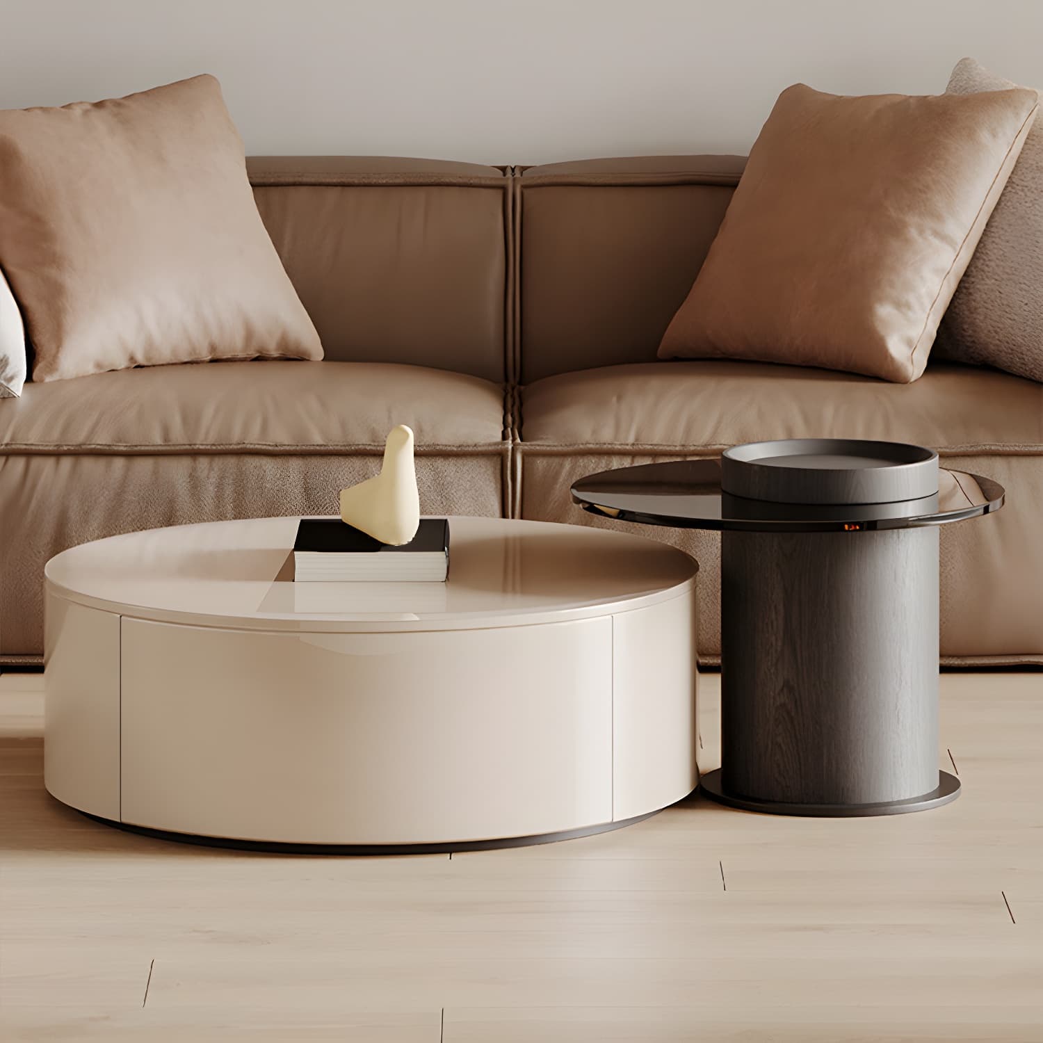 Modern Round Coffee Table with Metal Drum Base and 2 Drawers - image 7