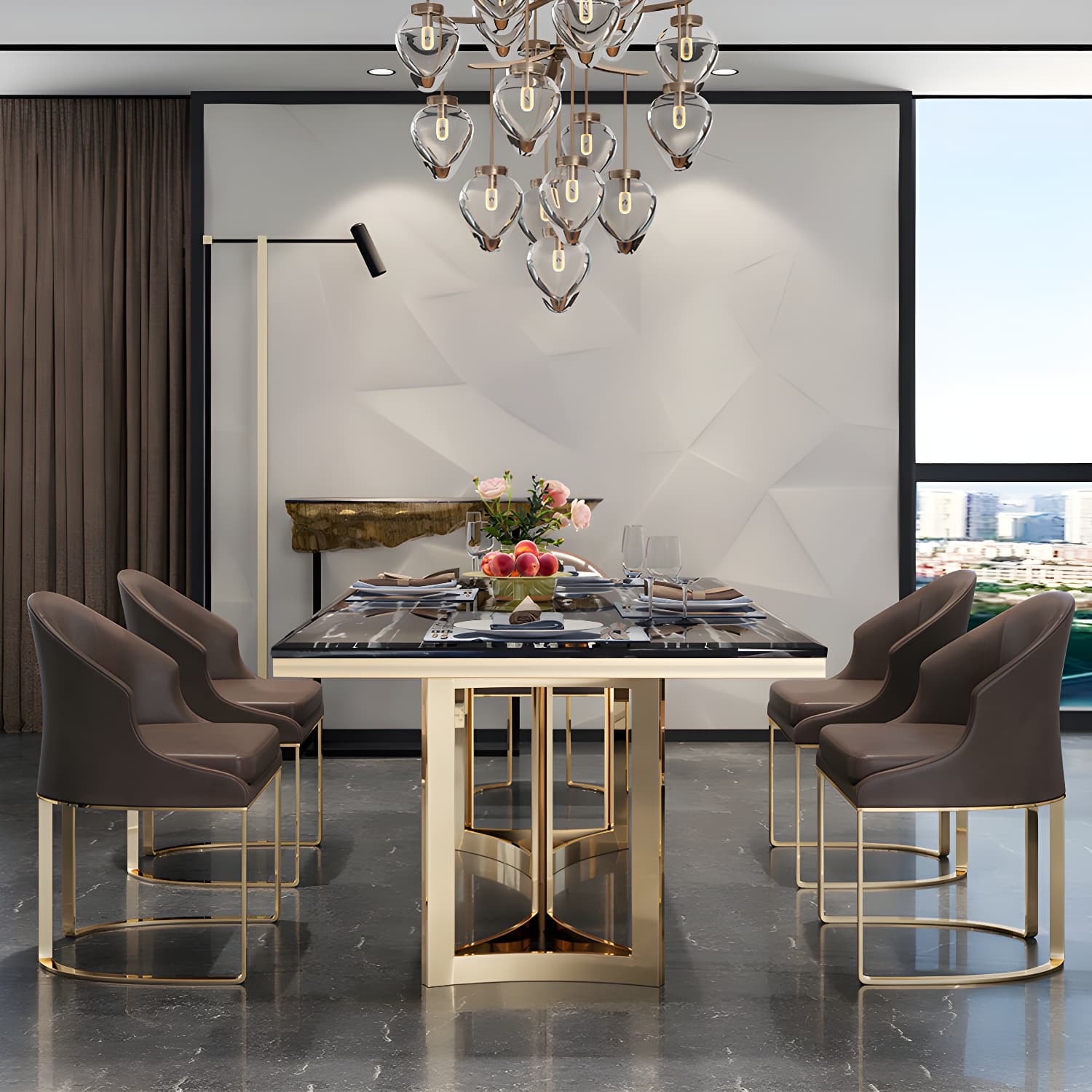 Traditional Luxury Dining Table Rectangle Double Pedestal Table with Gold Frame - image 5