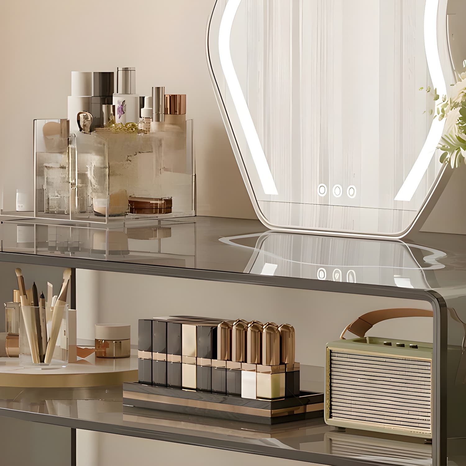 Transparent Glass Rectangular Dressing Table Double Base with Partition - image 11