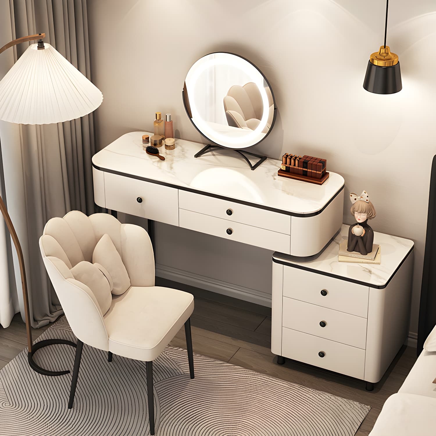 Contemporary Marble and Wood Vanity Table and Stool Set Glam Vanity Dressing Table - image 12