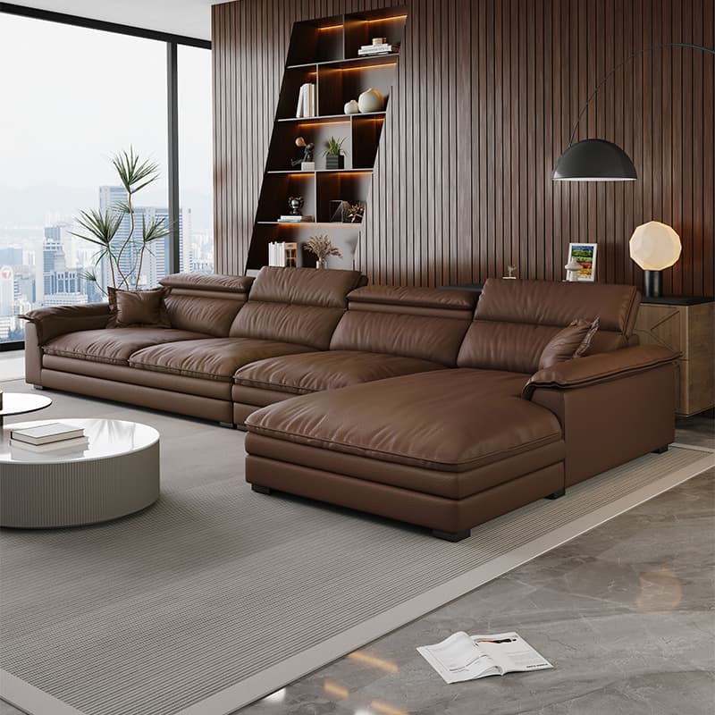 L-Shape Leather Sofa Recliner in White/Espresso/Beige with Right Hand Facing Orientation