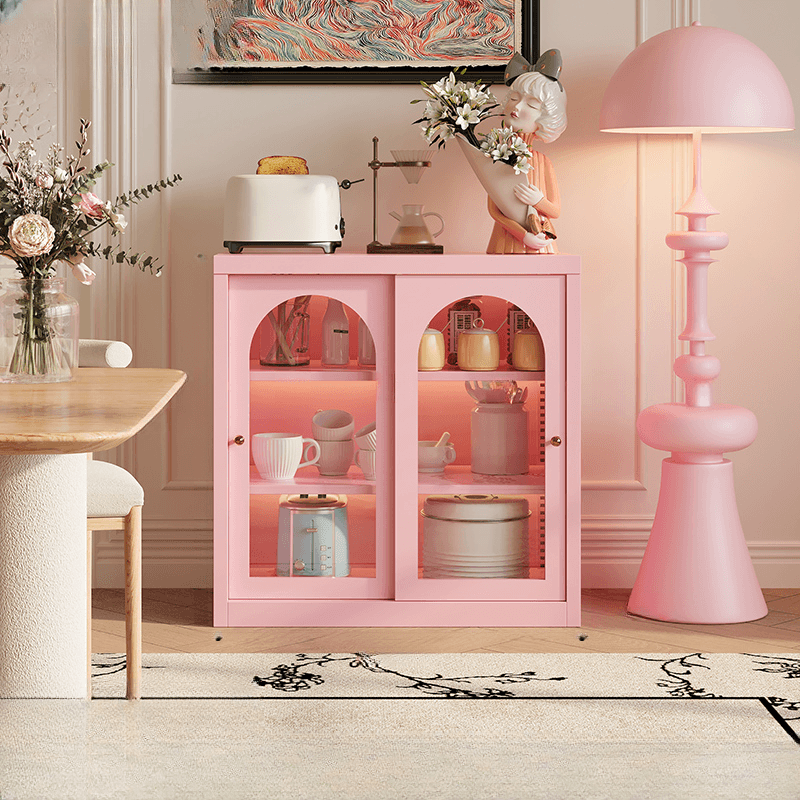 Simple Narrow Iron Countertop Sideboard with Cupboard, Glass Doors, and Changeable Shelf - image 4