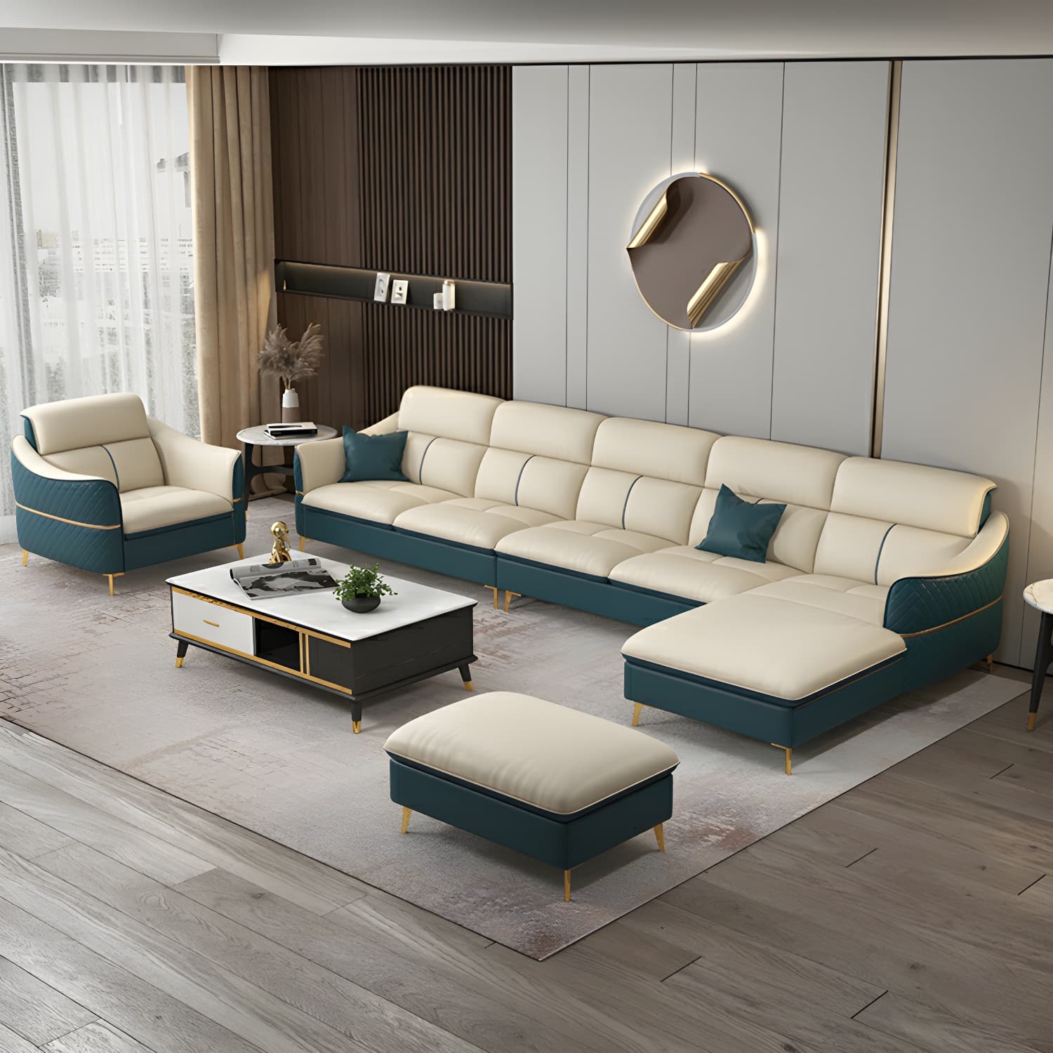 Modern Beige Leather Stationary Sectional Sofa with Cushion Back