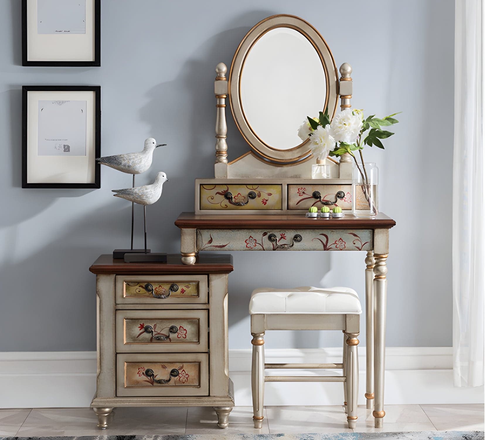 Victorian Wood Vanity Table with Mirror and Stool 15.75" D Vanity Table Set - image 4